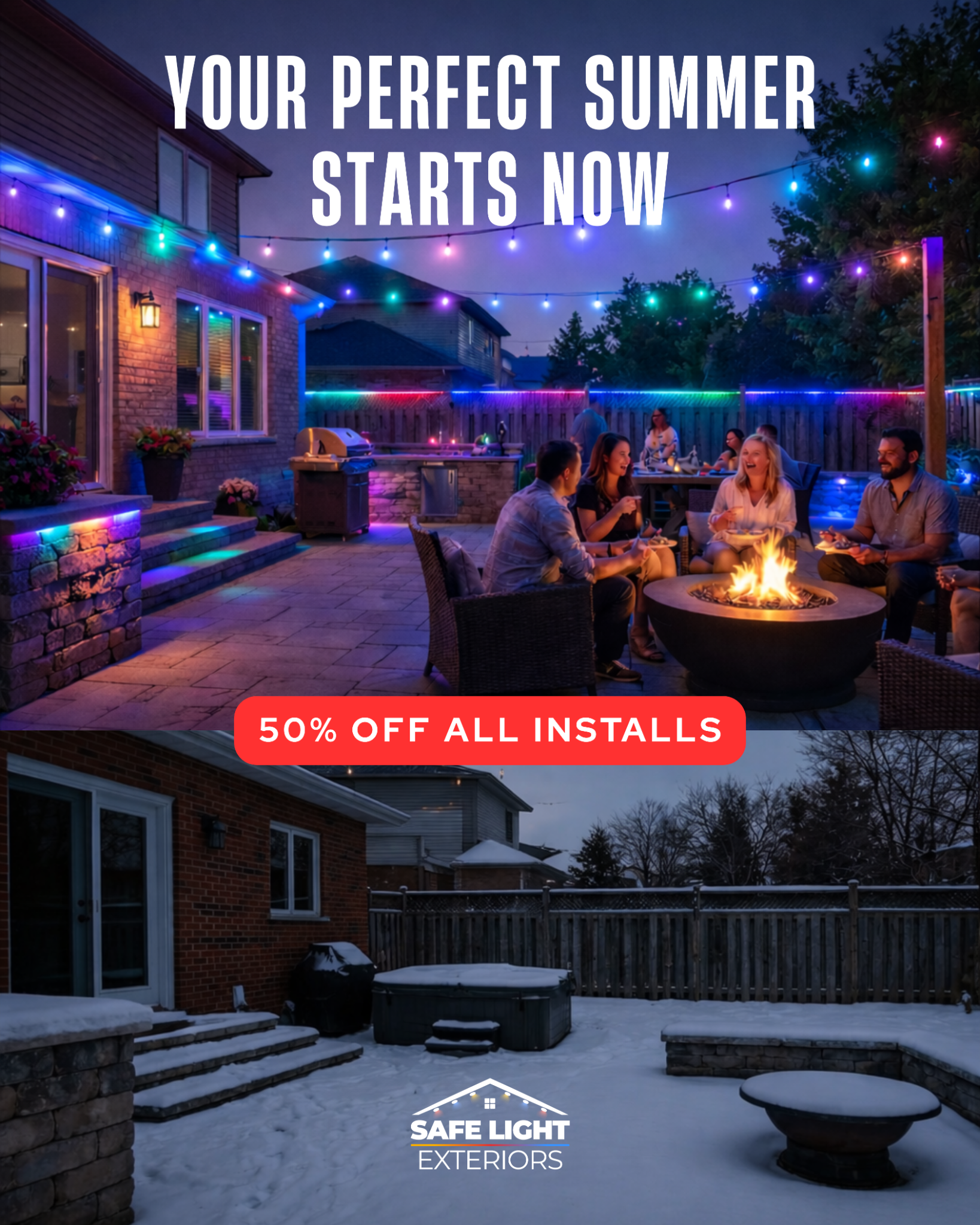 Safe Light Exteriors Facebook ad: 50% Off Installs: Off-Season Sale