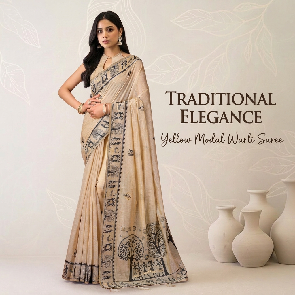 The Kanishka Store Facebook ad: Buy Yellow Modal Warli Work Saree!