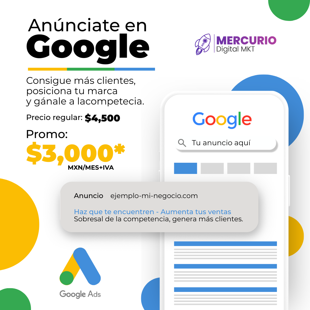Agencia Mercurio Digital Mkt Facebook ad: Anúnciate en Google desde $3,000 al mes