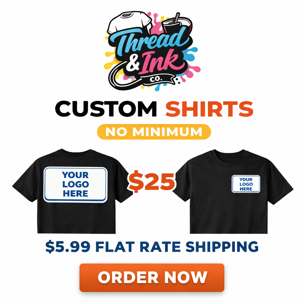 Thread & Ink Co. Facebook ad: Custom Shirts-No Minimum