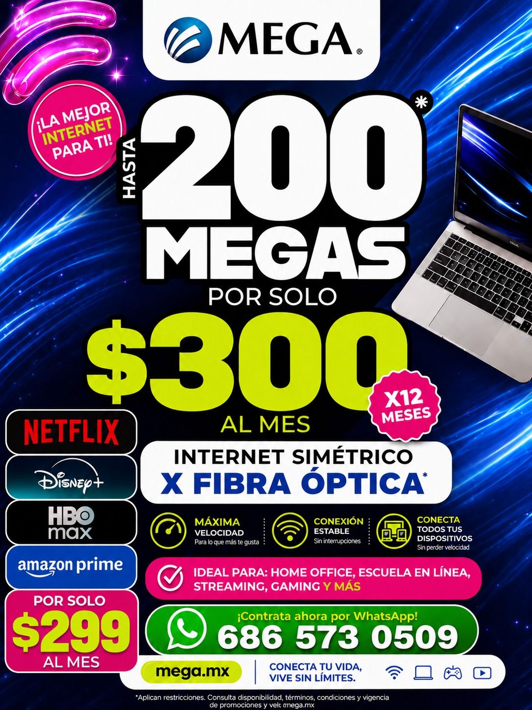 Velozmente Mega Facebook ad: Internet Simétrico Fibra Óptica (200 Megas de Velocidad)