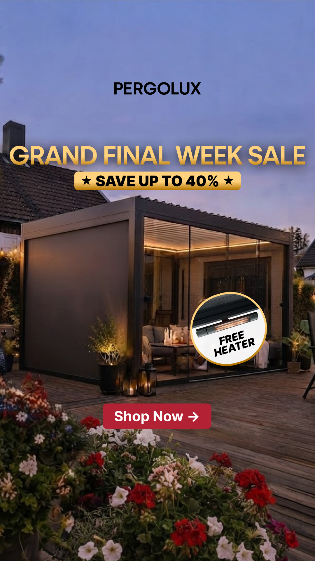 pergolux.au Facebook ad: Stock Moving Fast, Shop Now