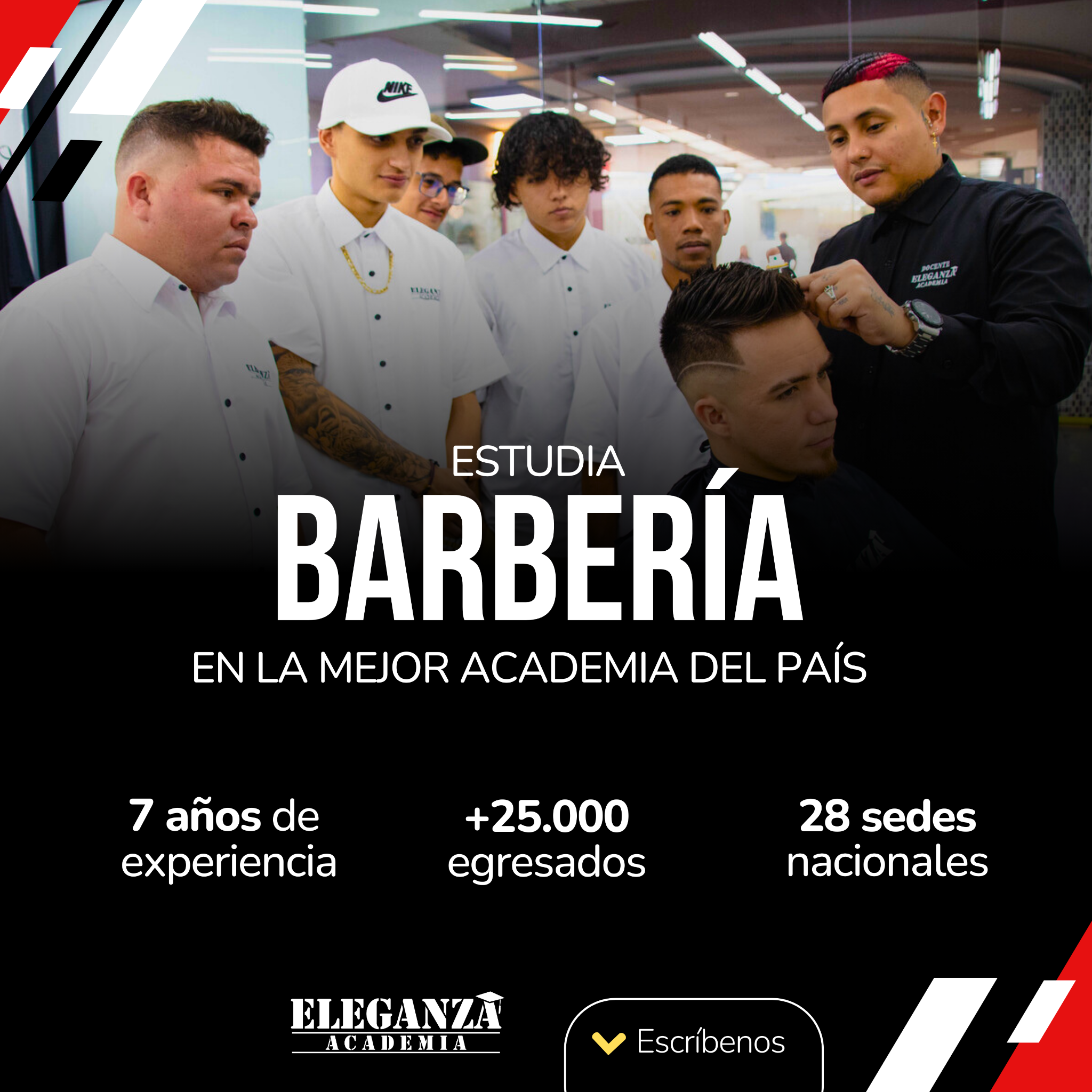 Eleganza Academia Facebook ad: ¿Estás Interesado en aprender barbería, pero te preocupa…