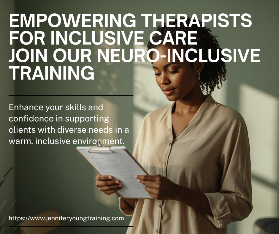 Jennifer Young Training School Facebook ad: Become the therapist neurodivergent clients seek out