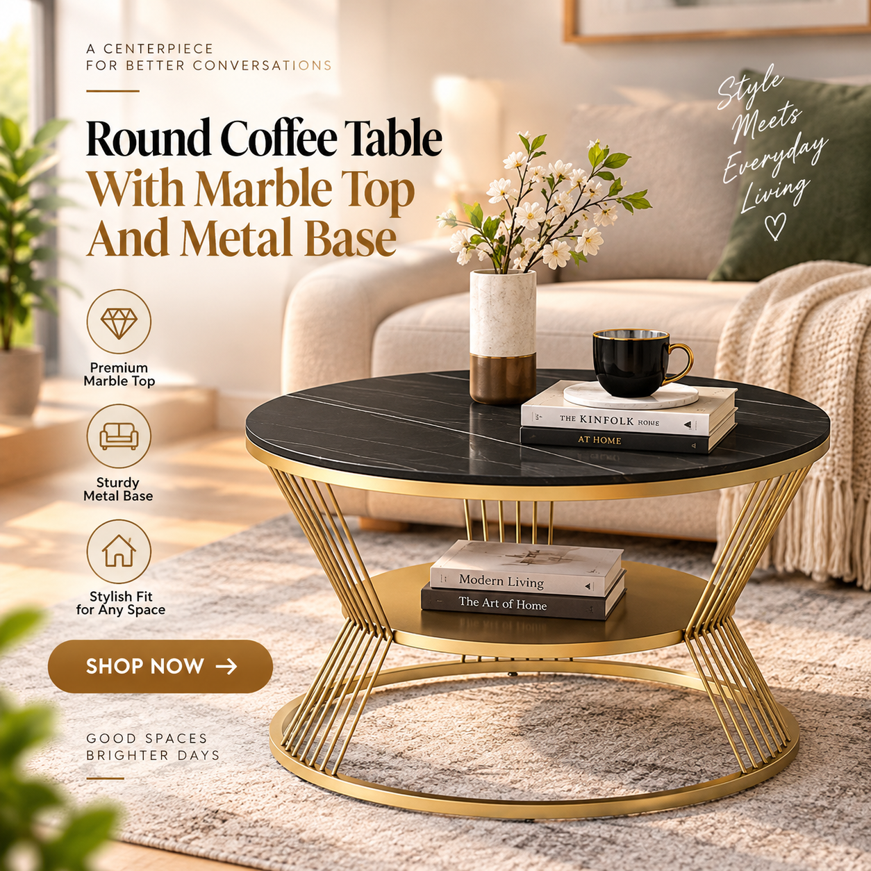 Viapradhan Facebook ad: Shop Round Marble Top Coffee Table With Metal Base Now!