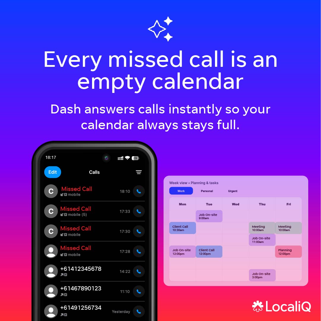 LocaliQ Australia and New Zealand Facebook ad: Every missed call is a missed job.