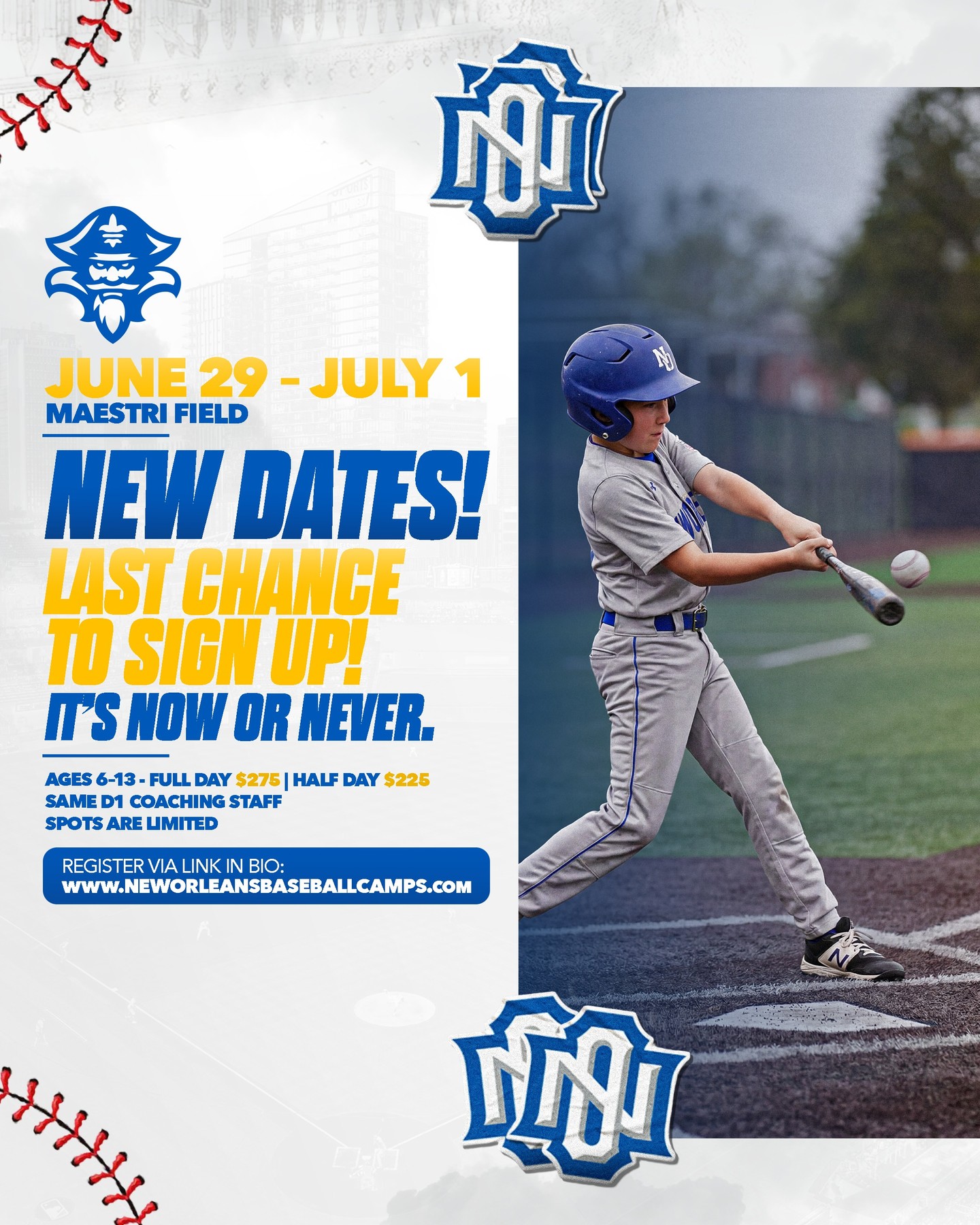 New Orleans Baseball Camps Facebook ad: Train with D1 coaches this summer