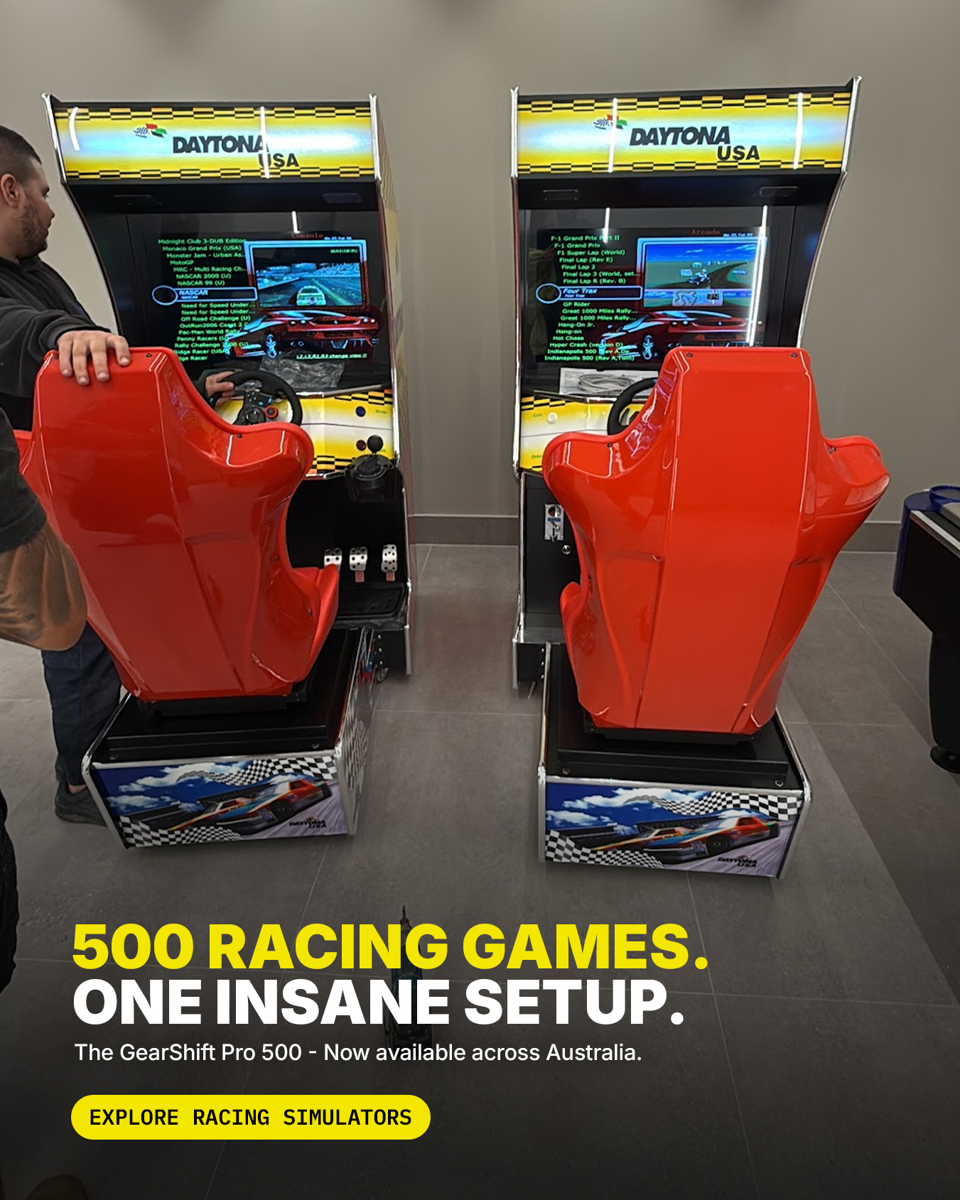 A Man & His Cave Facebook ad: GearShift Pro 500 Racing Simulator | From $414/mo
