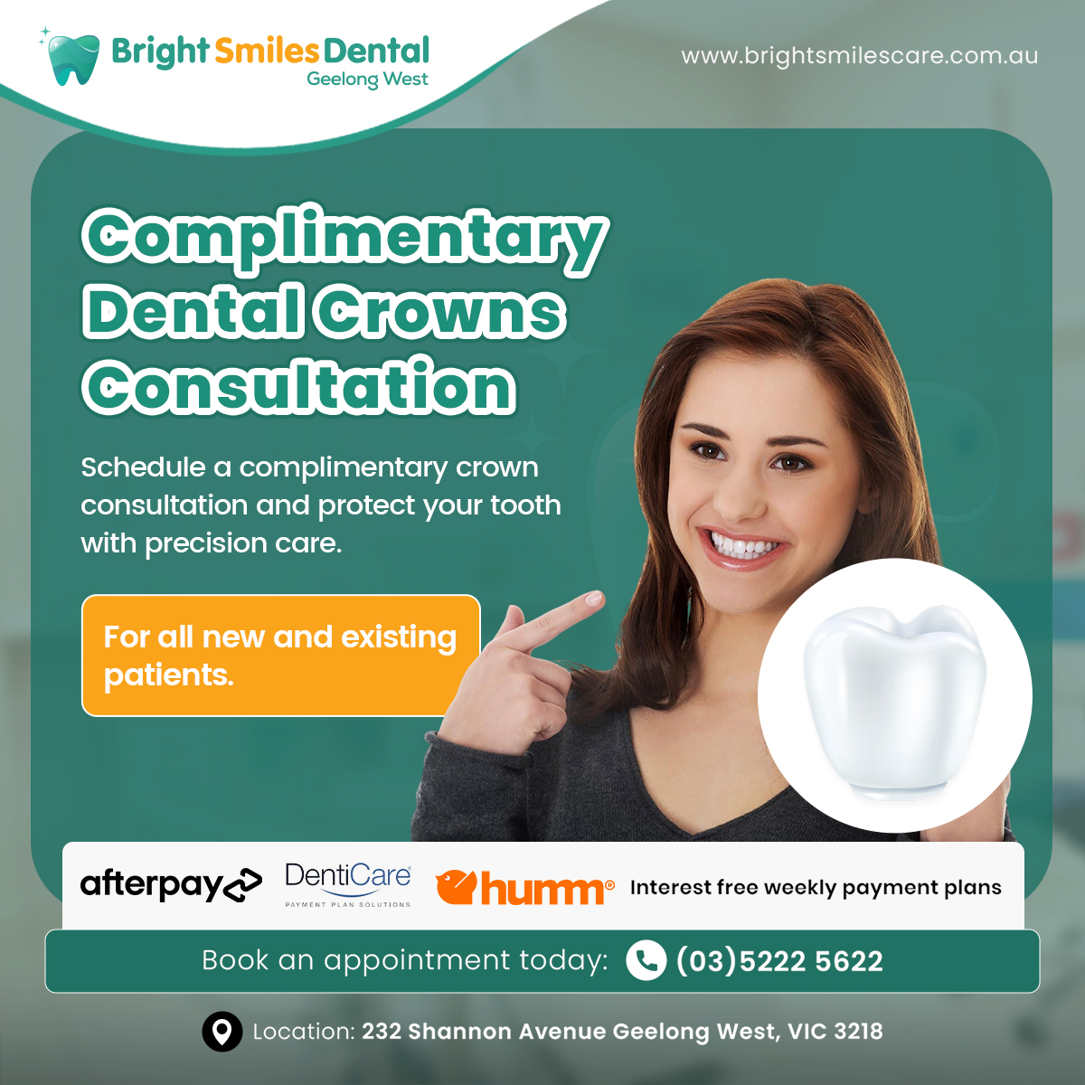 Geelong West Bright Smiles Dental Facebook ad: Complimentary Dental Crown Consultation