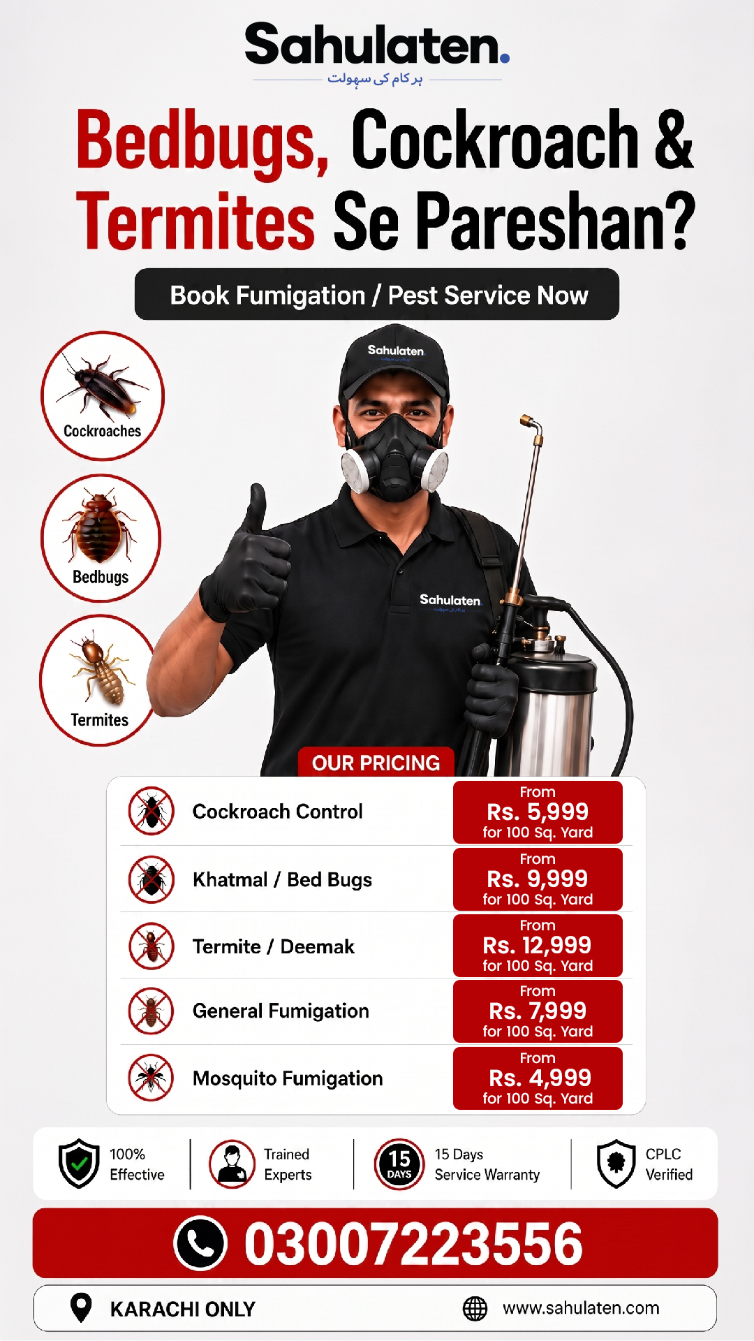 Sahulaten Facebook ad: Book Expert Pest Control & Fumigation in Karachi