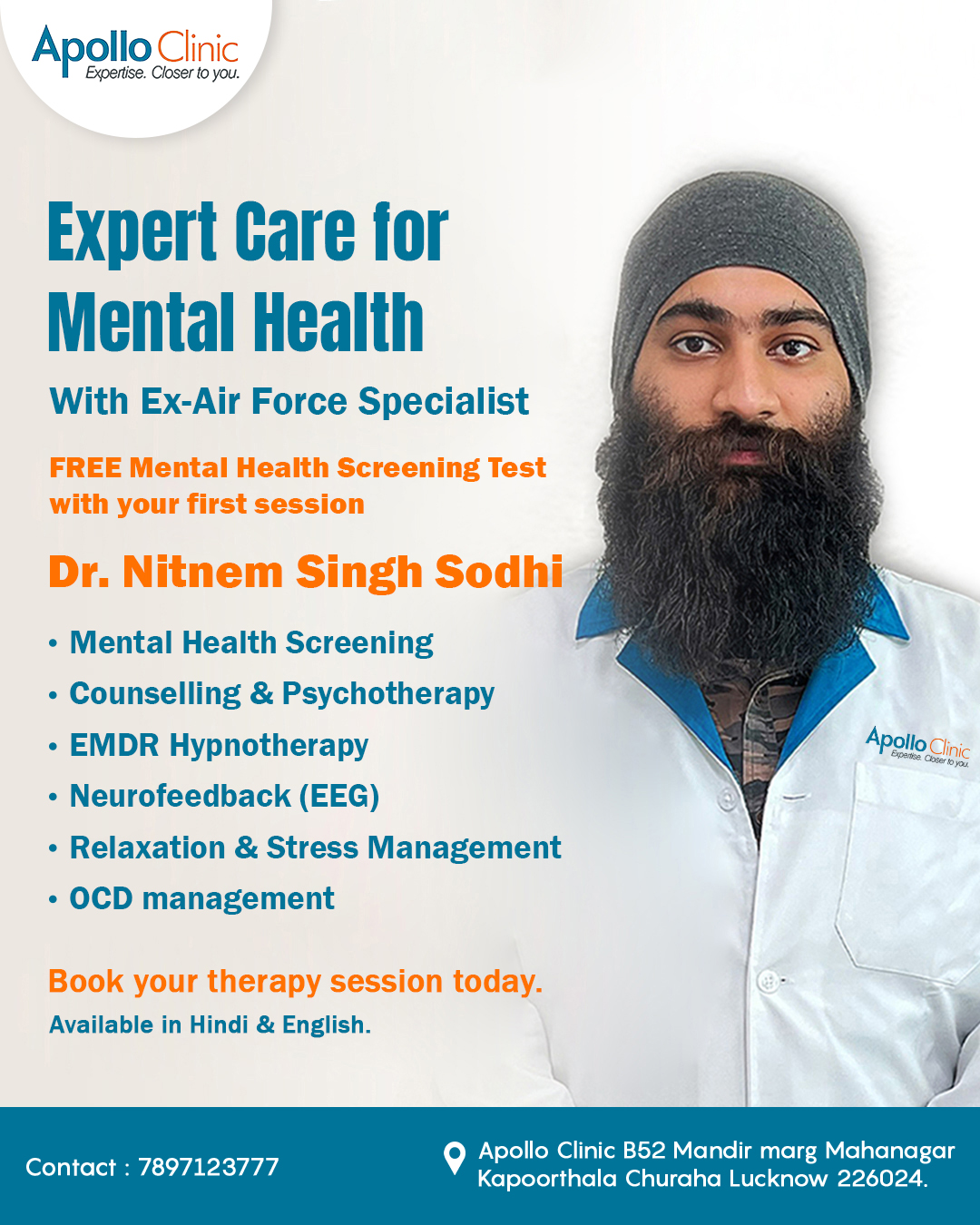 Apollo Clinic Lucknow Facebook ad: Book your therapy session today!