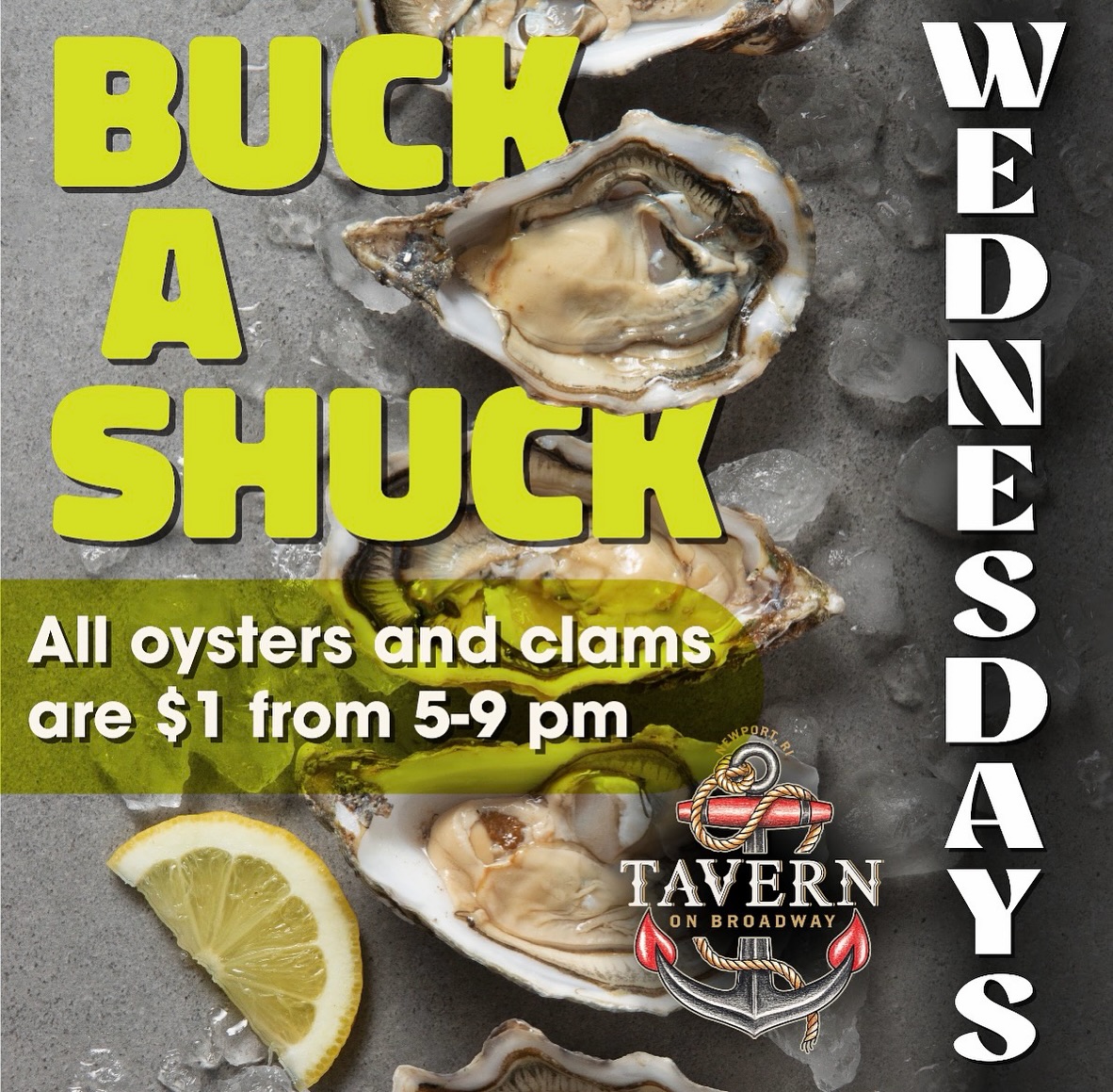 Tavern on Broadway Facebook ad: It’s Buck-a-Shuck Wednesday at Tavern on Broadway!