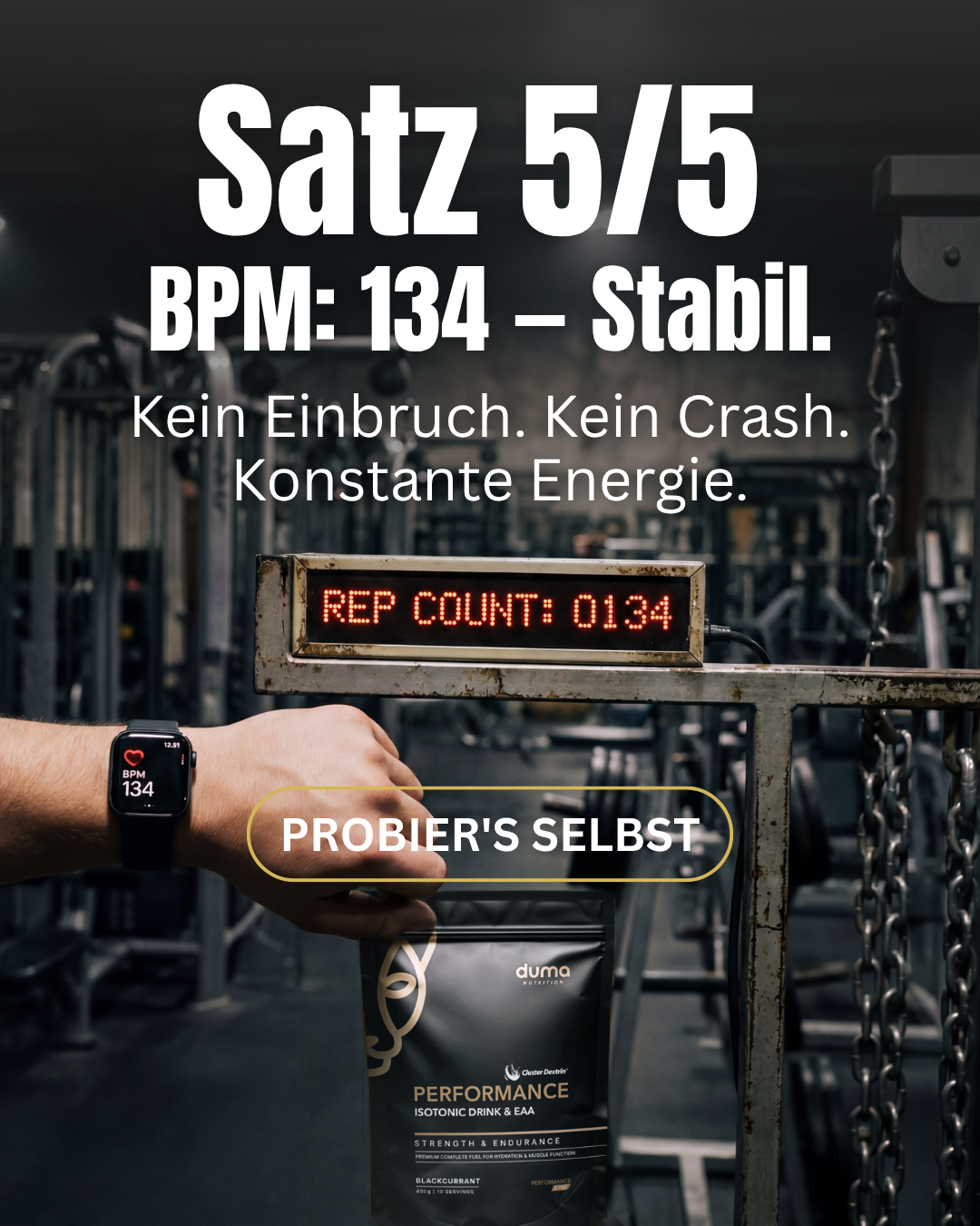 Duma Nutrition Facebook ad: Satz 5/5, BPM 134 stabil