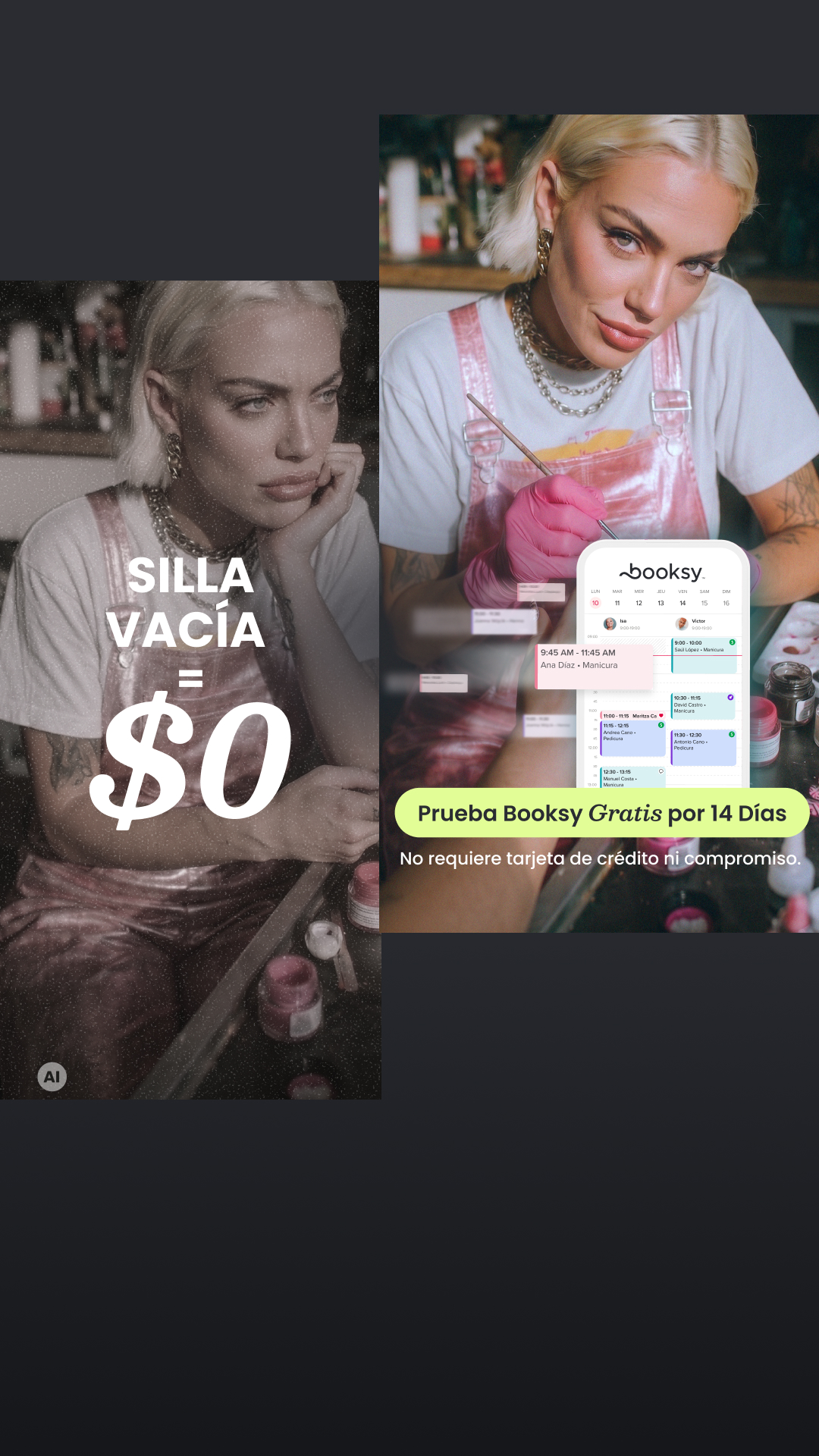 Booksy Facebook ad: Prueba Booksy GRATIS por 14 días.