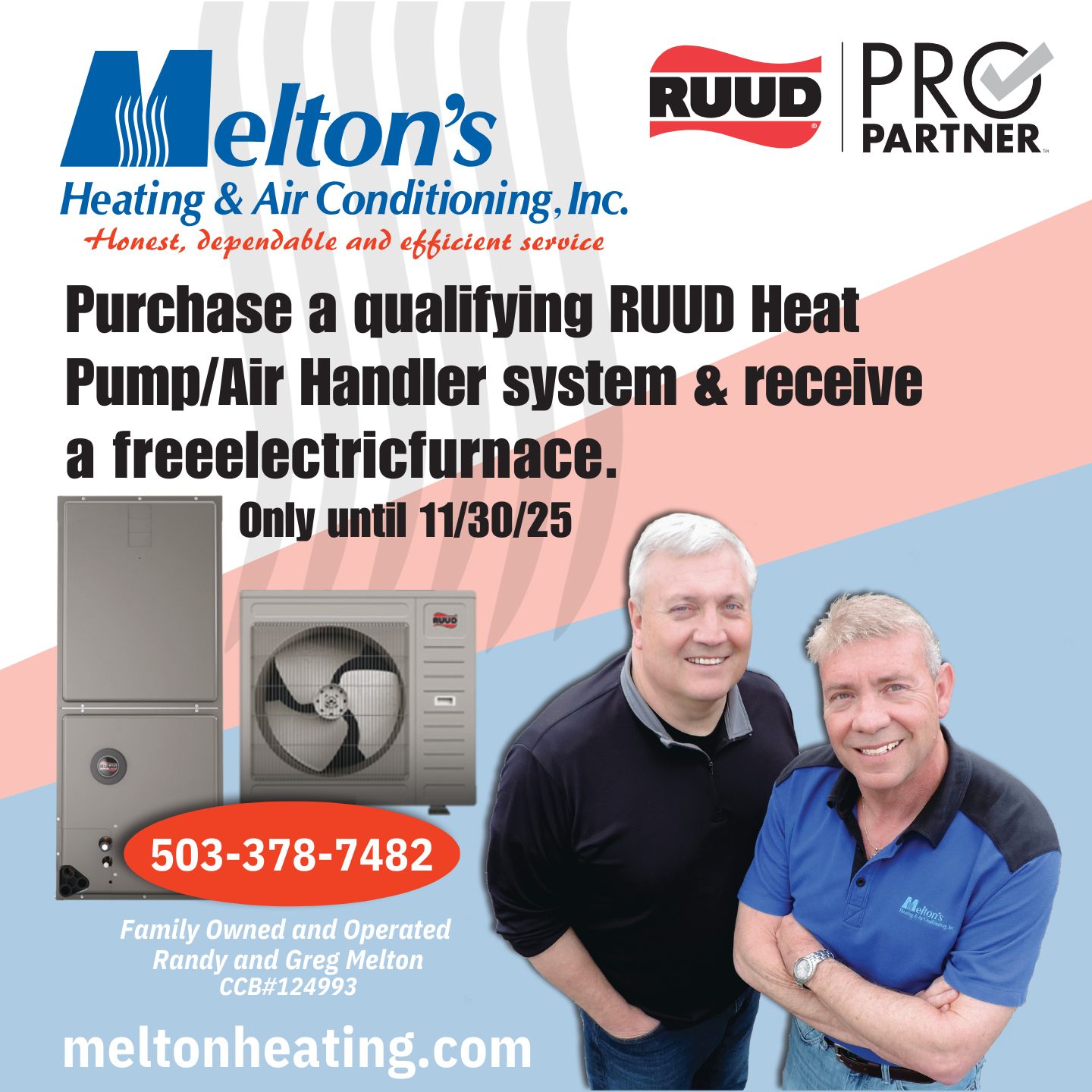 Melton's Heating & Air Conditioning, Inc. Facebook ad: Double the comfort, double the savings!
