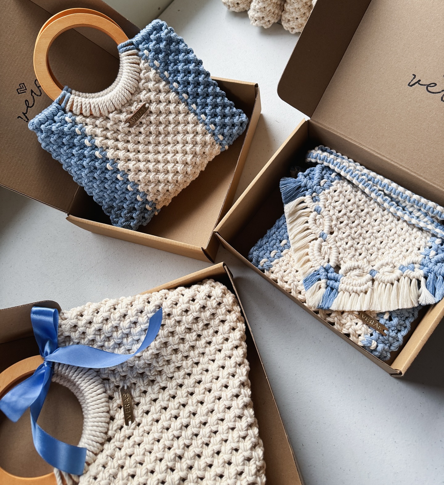 VERAS Facebook ad: Thoughtfully knotted, locally handmade-our blue macramé…