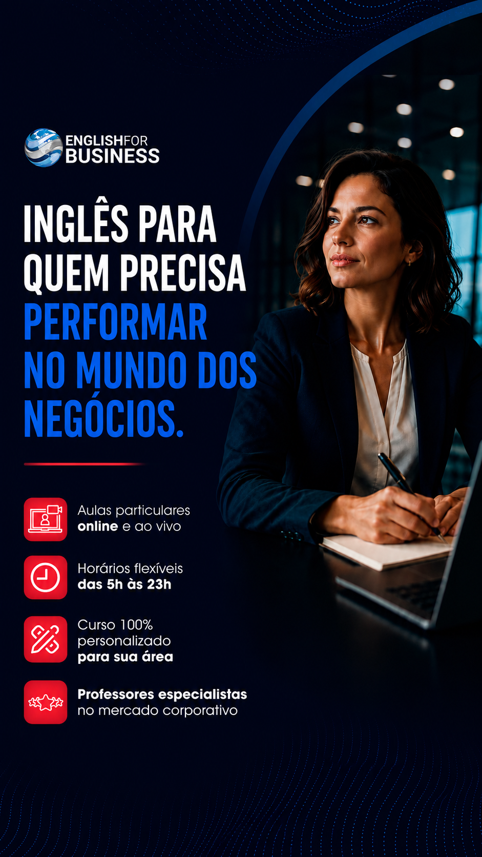 English for Business Facebook ad: O mundo dos negócios fala inglês.