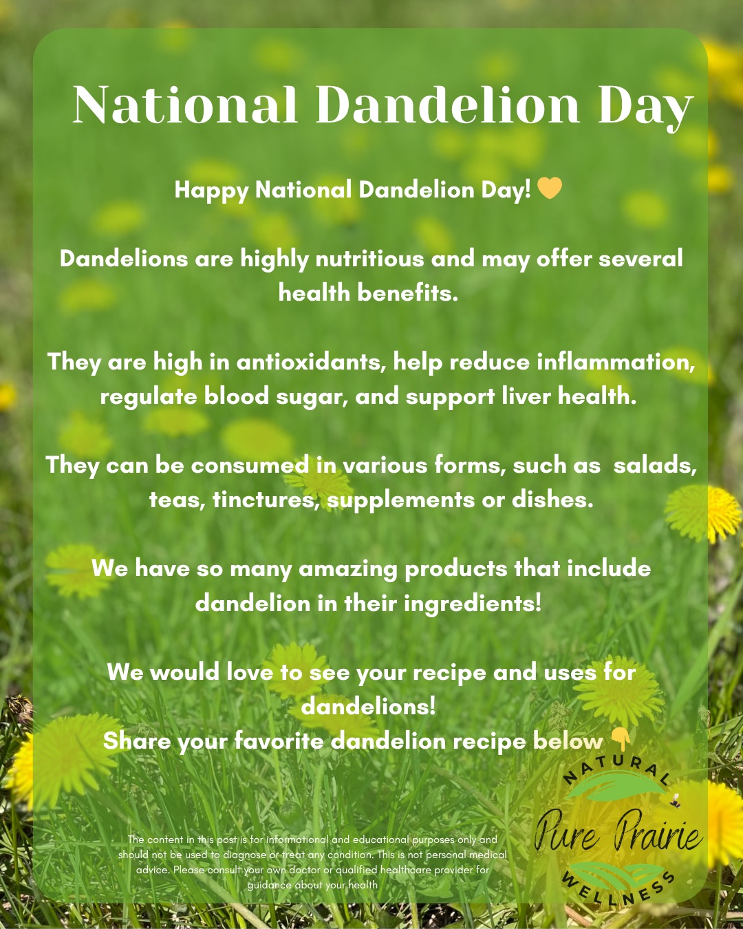 Pure Prairie Naturals Facebook ad: Happy National Dandelion Day!