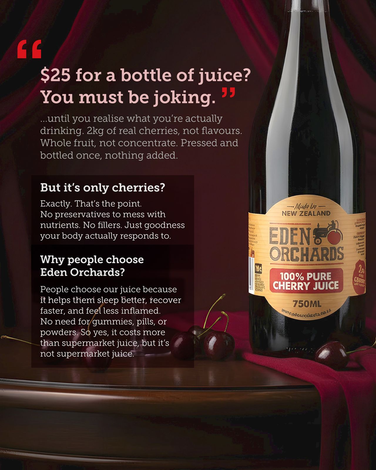 Eden Orchards Facebook ad: 100% Pure NZ Cherry Juice