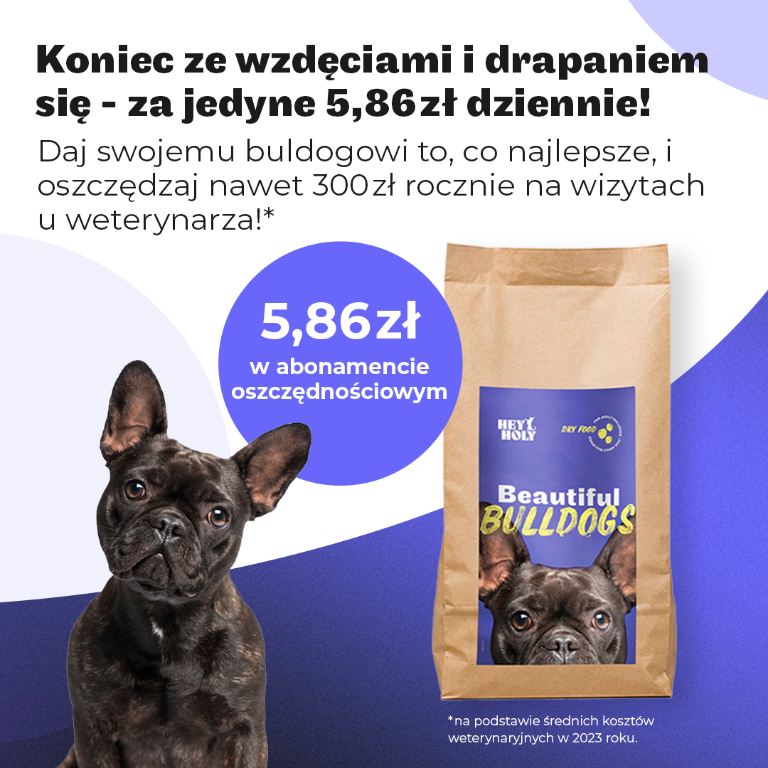 HEY HOLY Facebook ad: Rozwiązanie dla wrażliwych buldogów