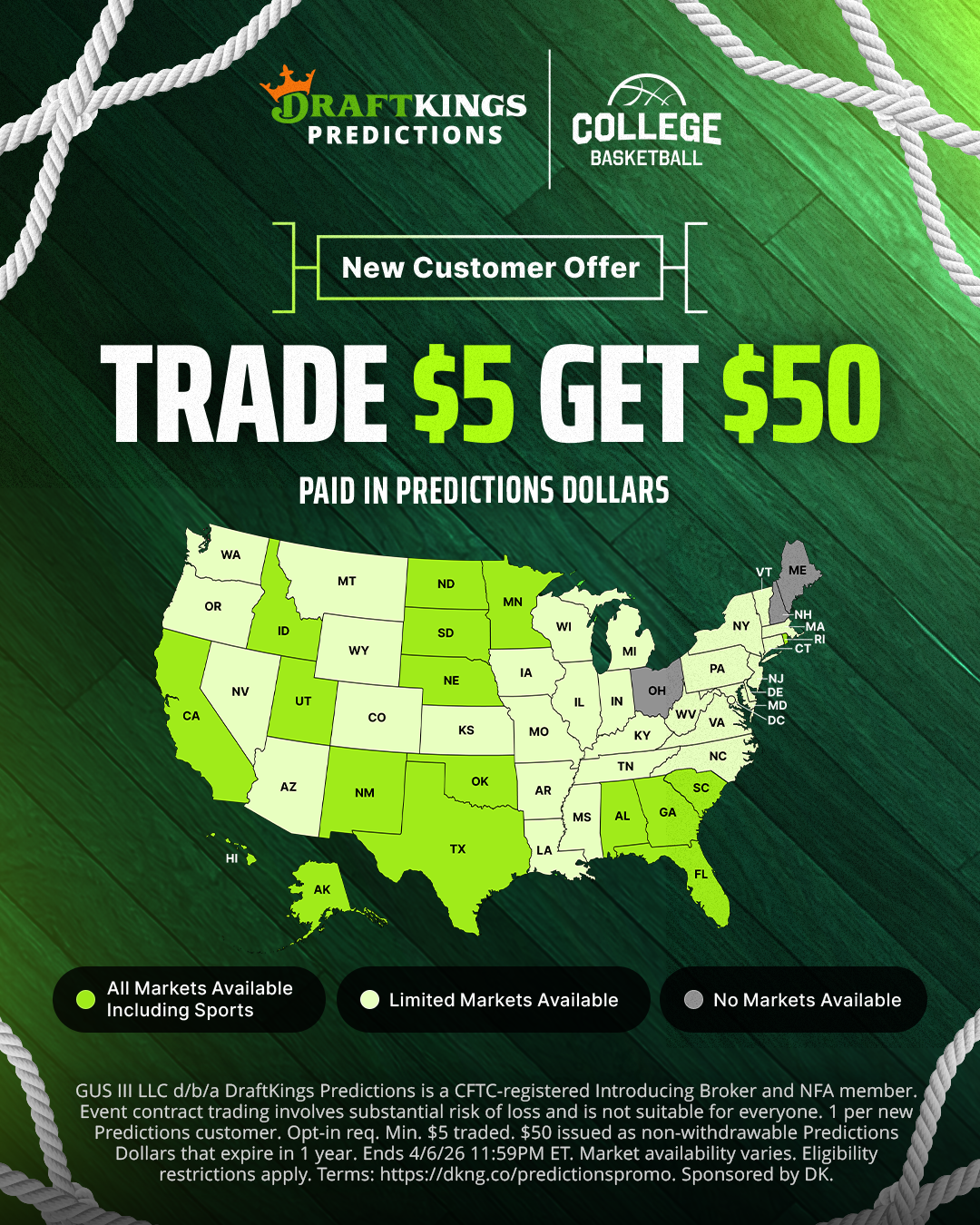 DraftKings Predictions Facebook ad from Mar 18, 2026
