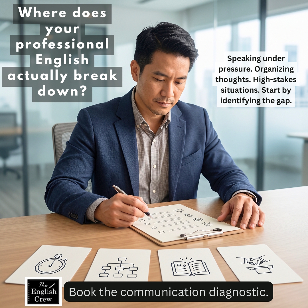The English Crew Online English Lessons Facebook ad: Find Your Professional Communication Gap