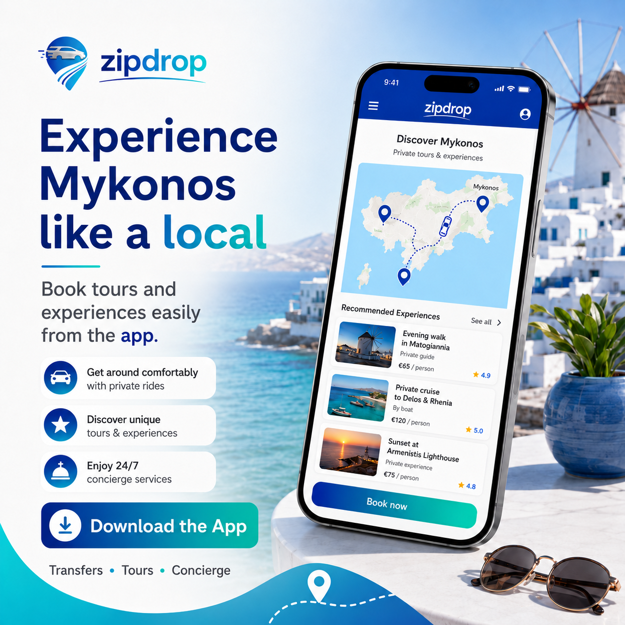 Mykonos Transfer24 Facebook ad: Download ZipDrop Now