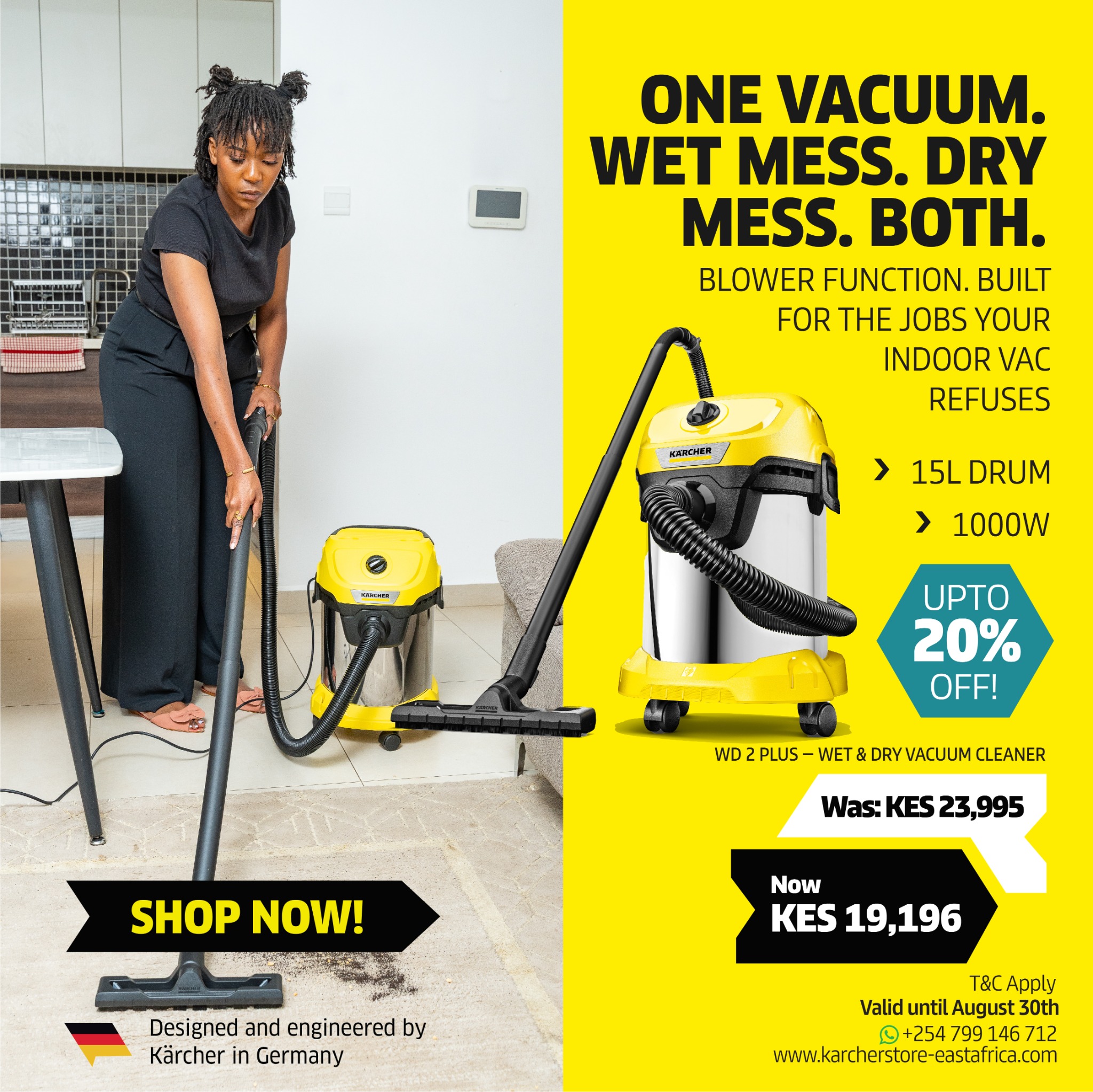 Karcher East Africa Facebook ad: Was KES 23,995 Now 19,196 Kärcher WD 2 Plus Wet & Dry…