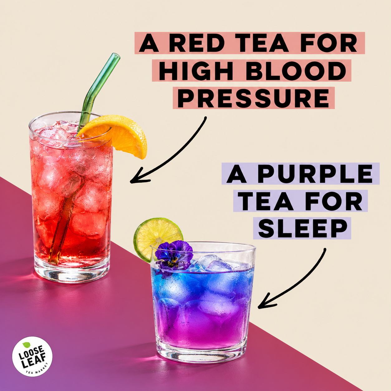 Loose Leaf Tea Market Facebook ad: Red for hectic days, purple for sleep