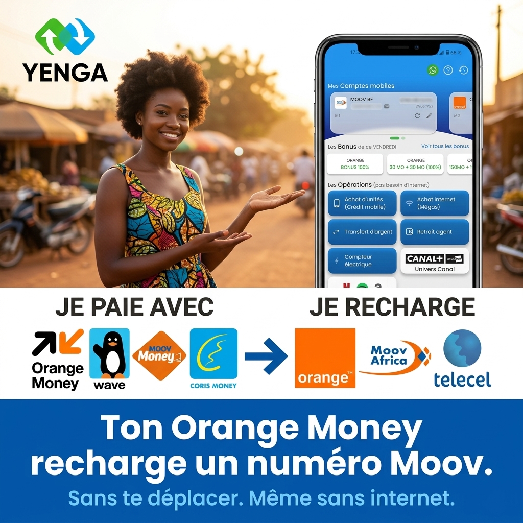 YengaApp Facebook ad: N'importe quel Mobile Money → n'importe quel opérateur