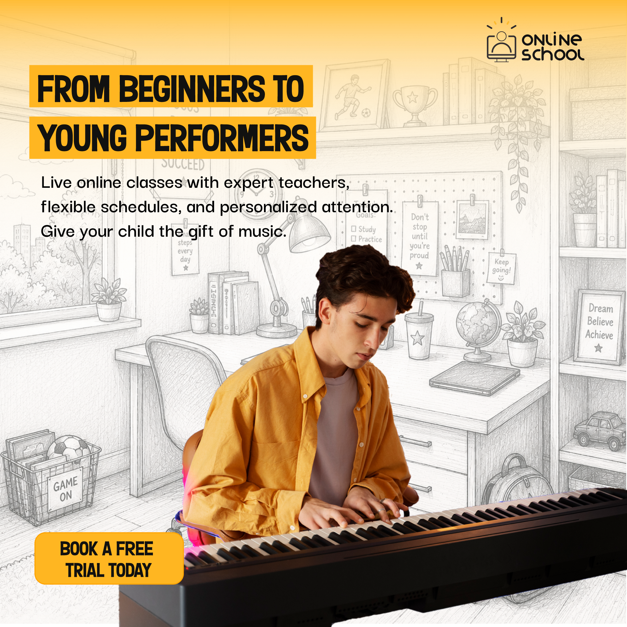 Lucy Learning Facebook ad: Online Classes! Unlock your child’s musical potential with…