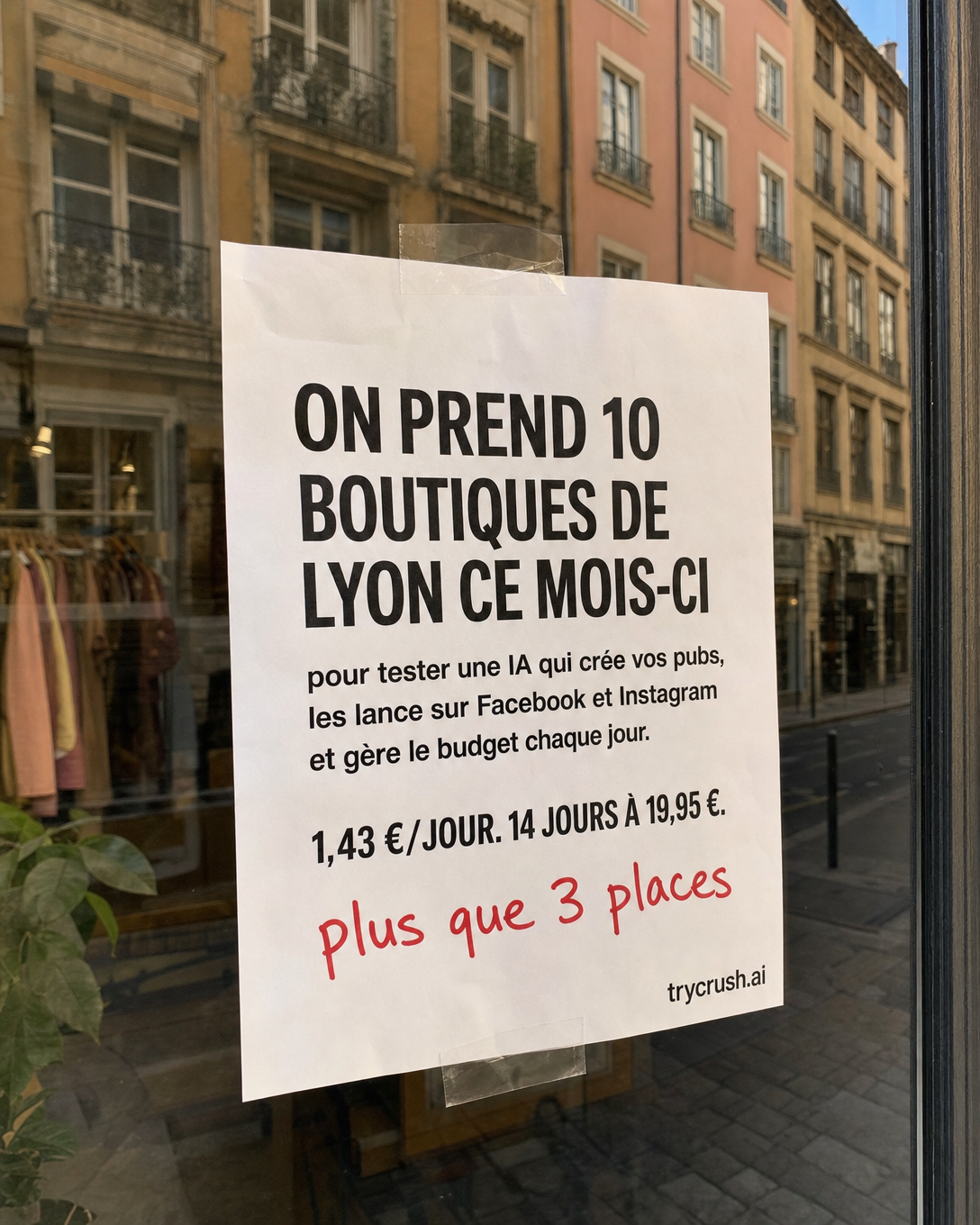 trycrush.ai Facebook ad: On prend 10 boutiques de Lyon ce mois-ci