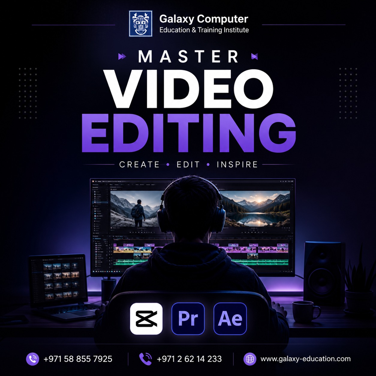 Galaxy Computer Education Abu Dhabi Facebook ad: Master Video Editing & Motion Graphics Like a Pro!