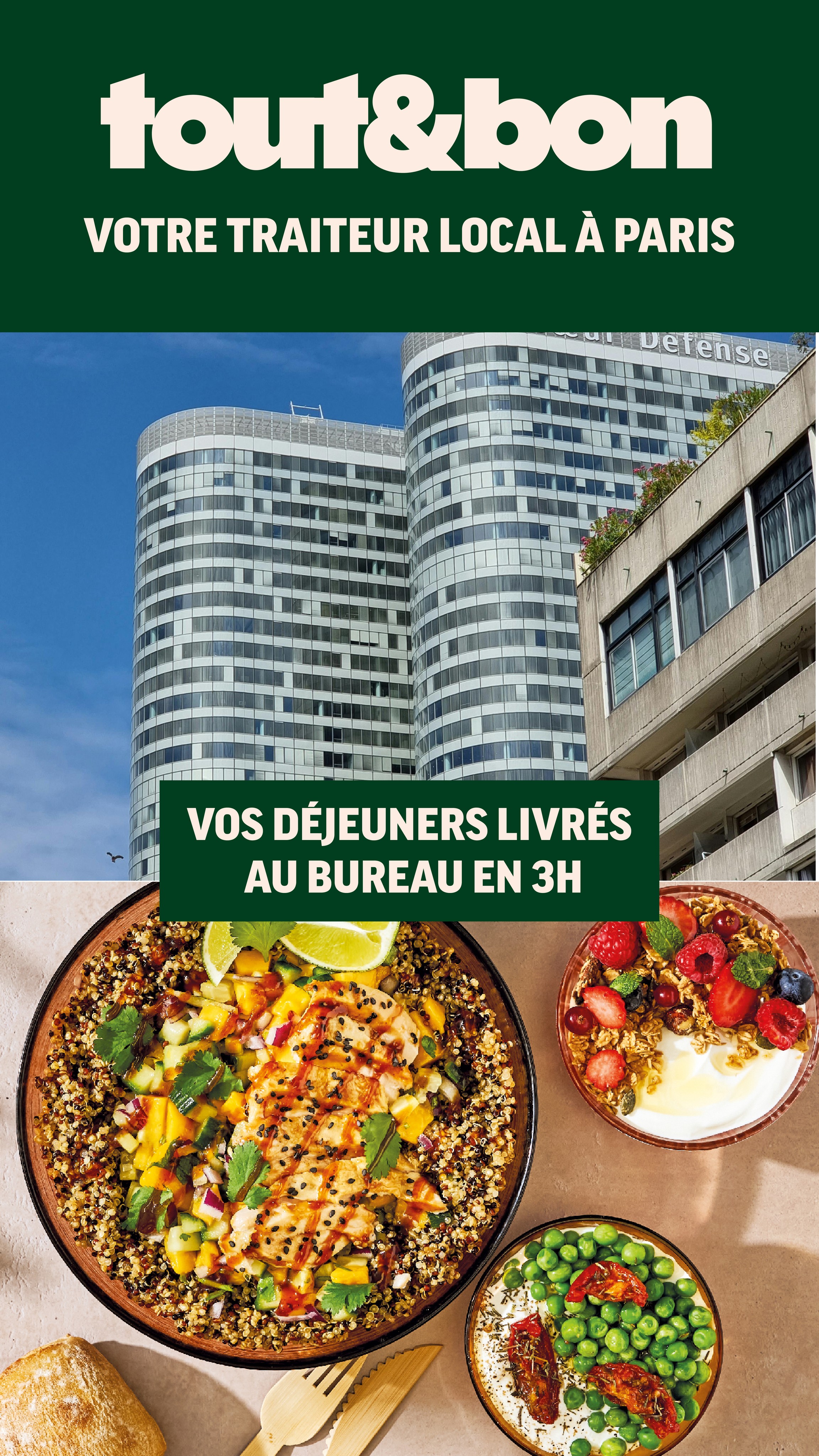 Tout&Bon Facebook ad: Plateaux repas livrés en 3h à Paris!