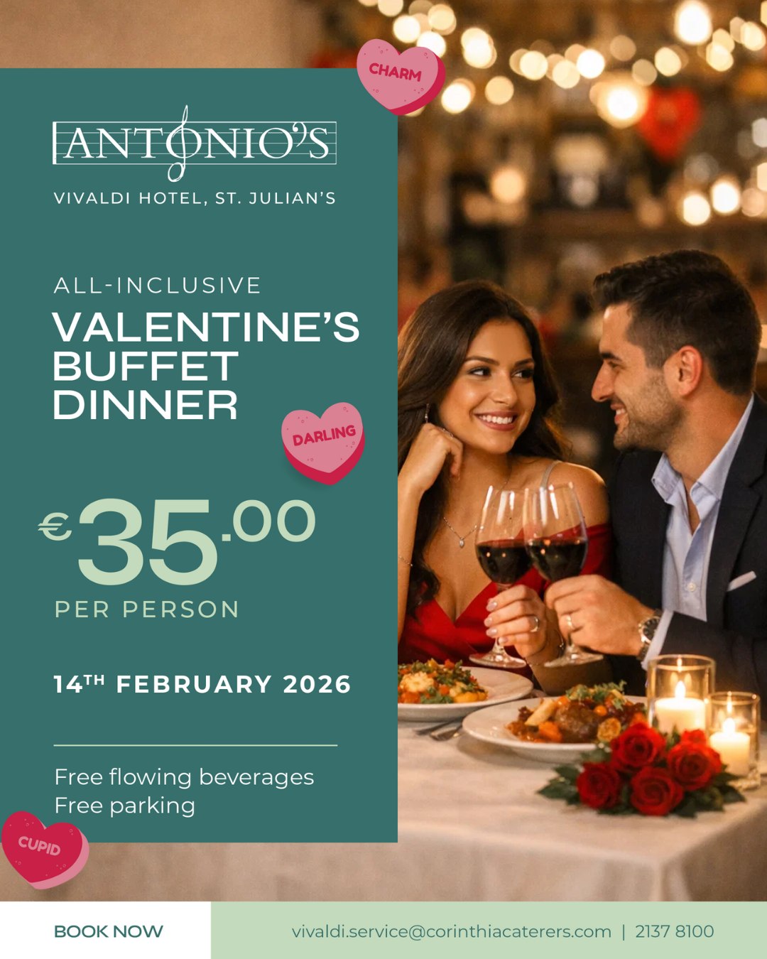 Antonio's Restaurant - Vivaldi Hotel Facebook ad: Celebrate 𝐕𝐚𝐥𝐞𝐧𝐭𝐢𝐧𝐞’𝐬 𝐃𝐚𝐲 with a relaxed…