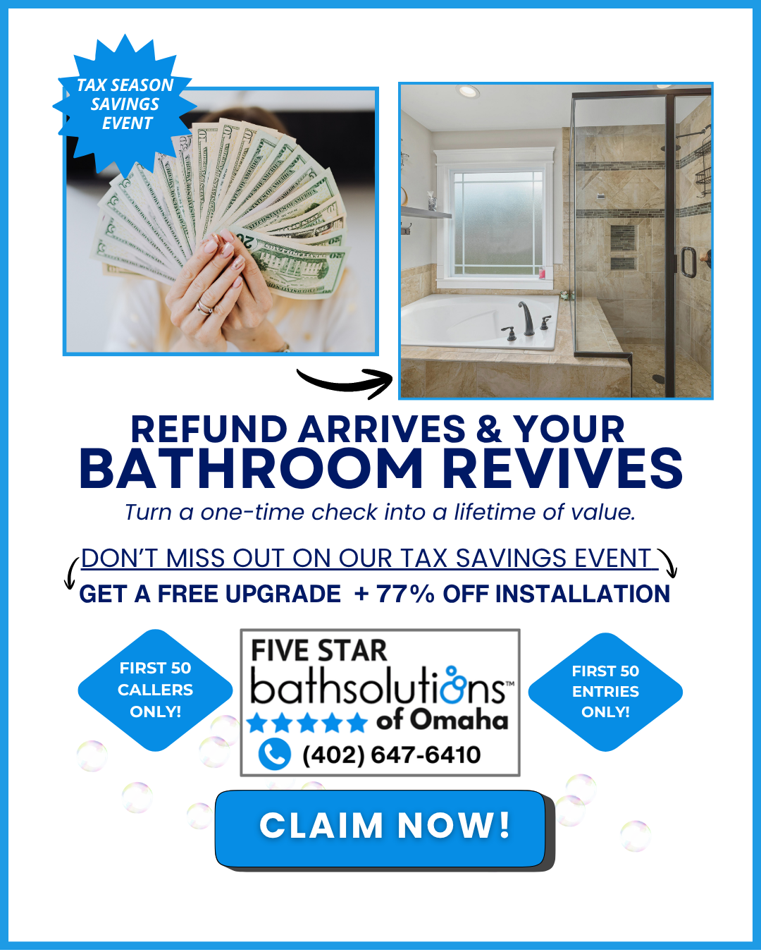 Five Star Bath Solutions of Omaha Facebook ad: Turn your tax refund into a bathroom upgrade…