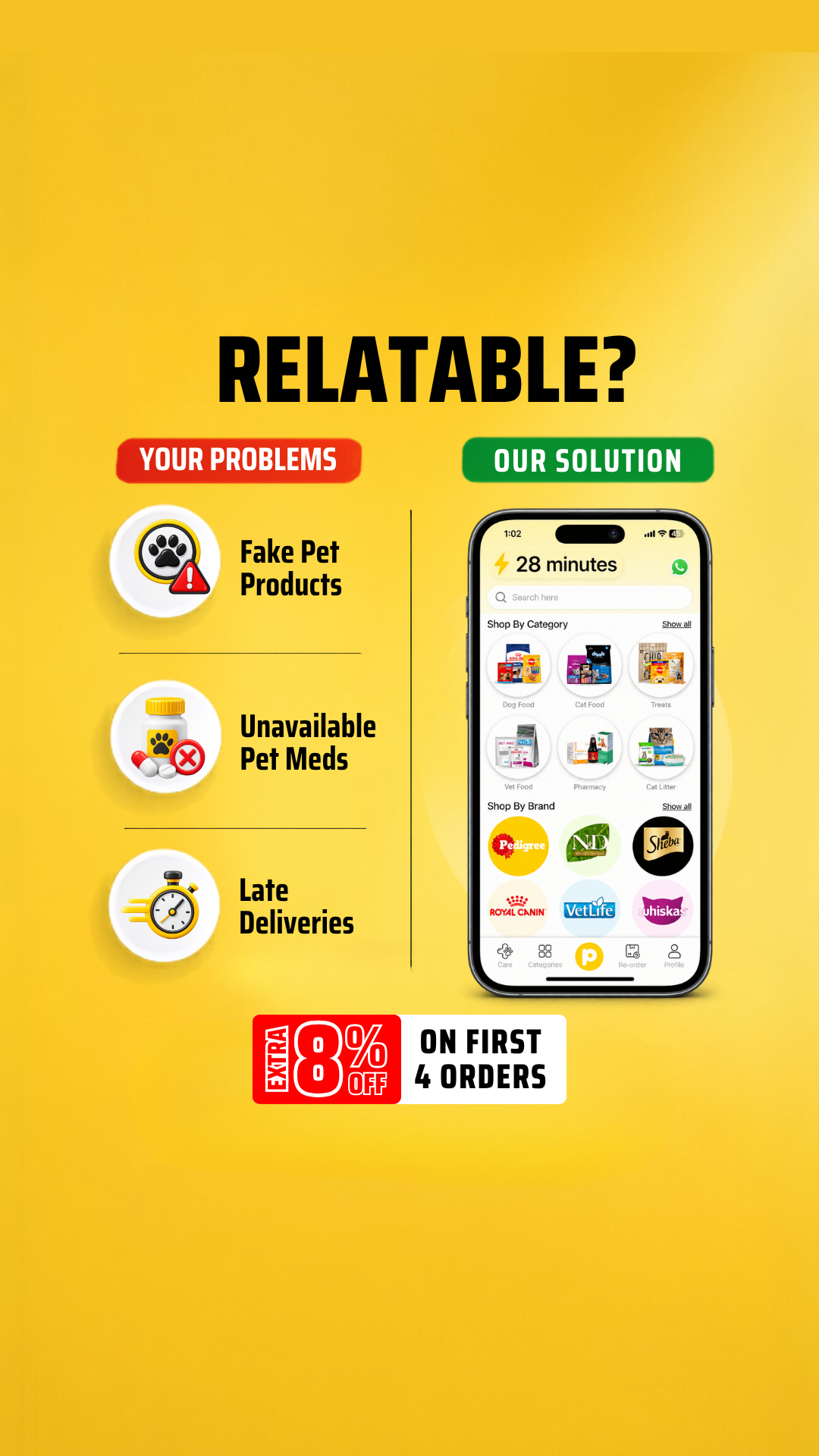 Petric Facebook ad: Pet food to pet medicines, delivered in minutes