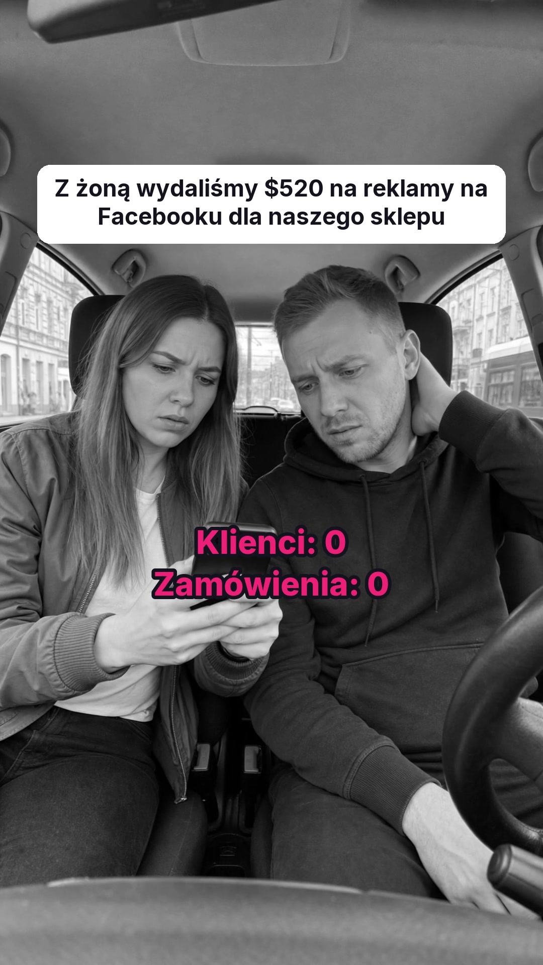 trycrush.ai Facebook ad: $520 na reklamy, 0 zamówień. Potem 65 w 4 dni.