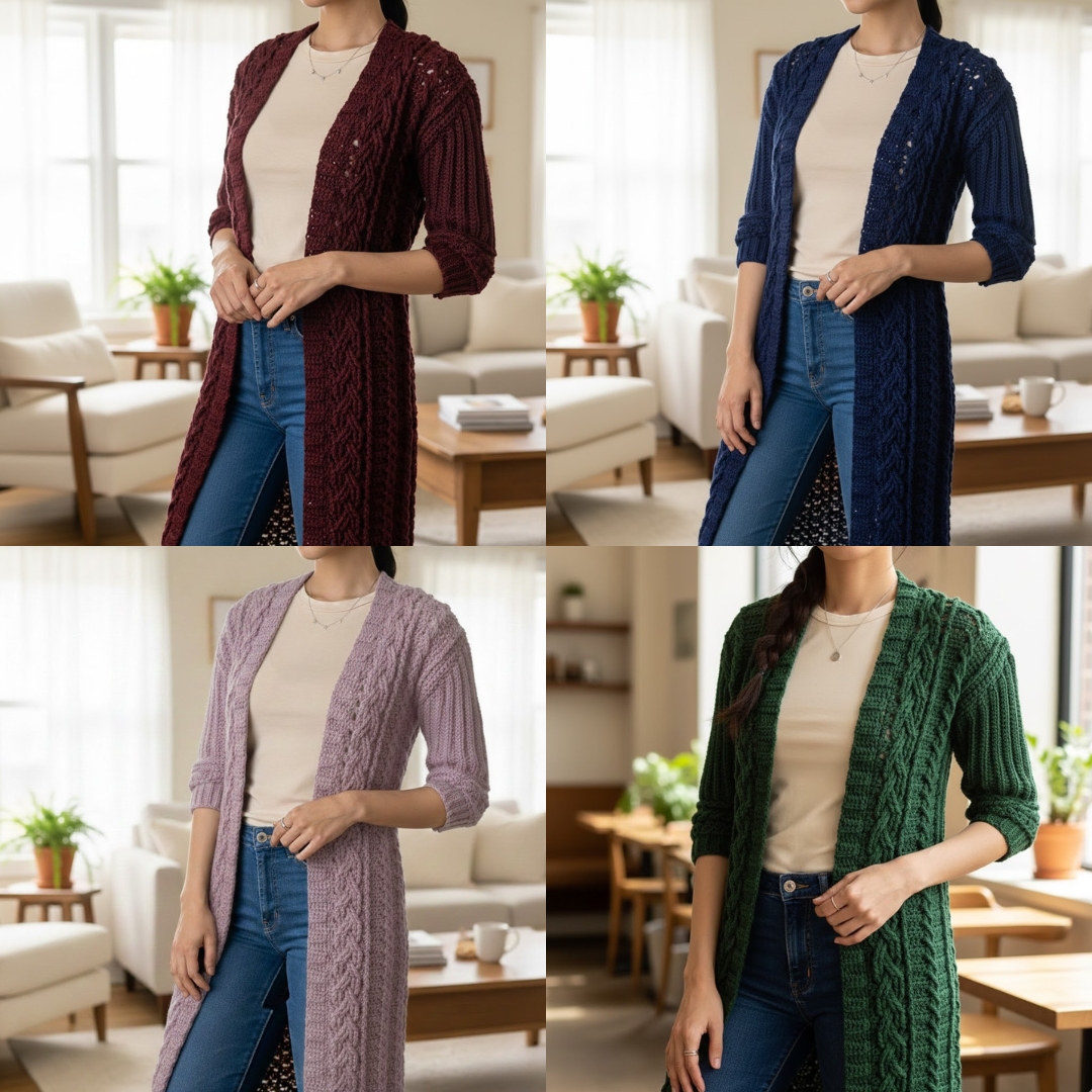 Crochet Facebook ad: Column Grace Outerwear Crochet Pattern