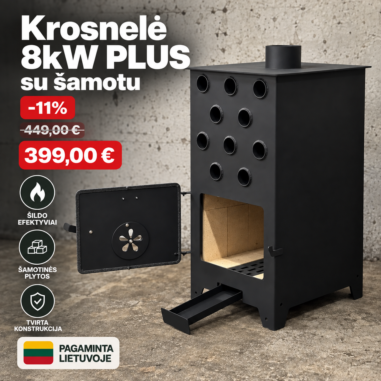 KALMETAL Facebook ad: Kieto kuro krosnelės