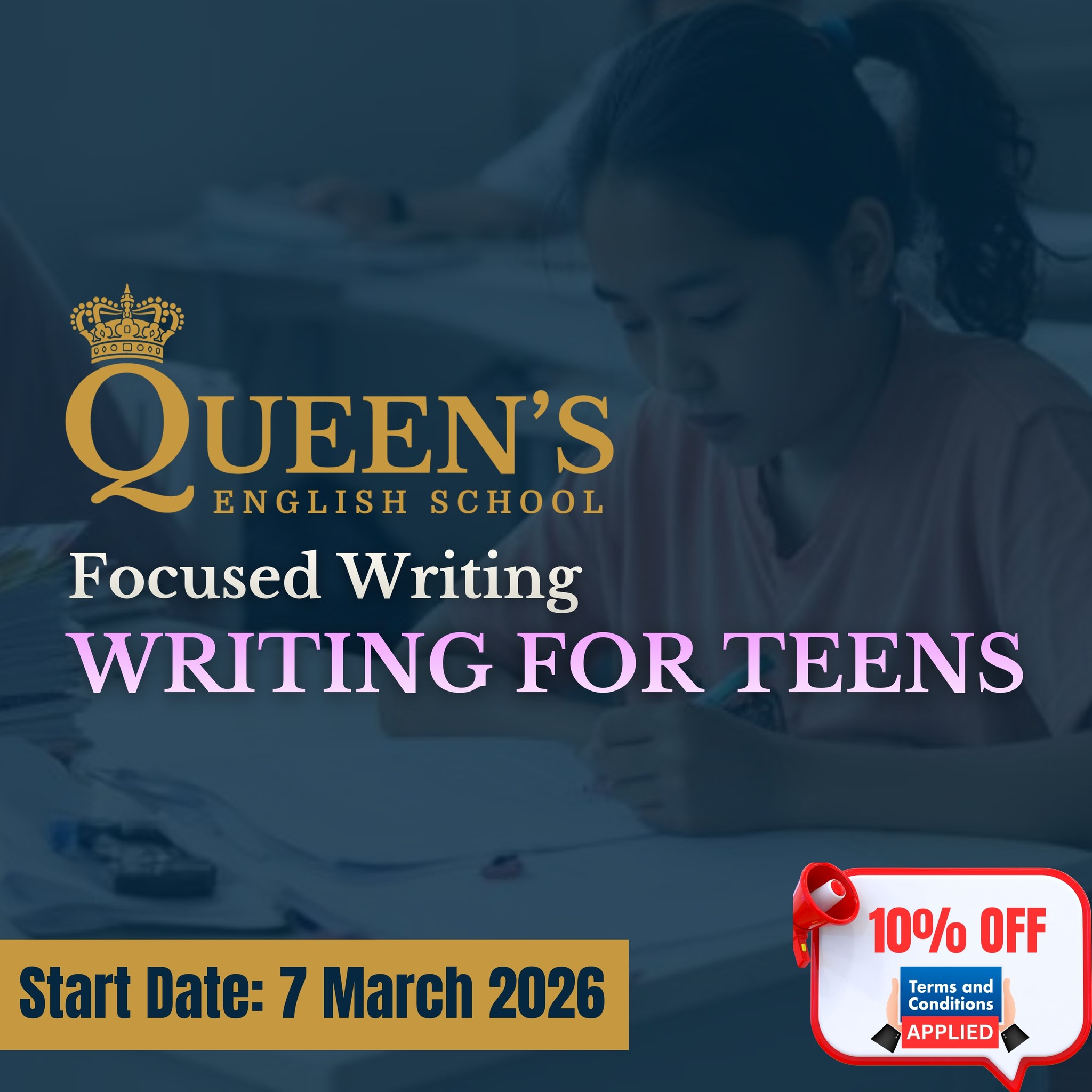 Queen’s English School Facebook ad: 𝐖𝐫𝐢𝐭𝐢𝐧𝐠 𝐟𝐨𝐫 Teens | 𝐅𝐨𝐜𝐮𝐬𝐞𝐝 𝐖𝐫𝐢𝐭𝐢𝐧𝐠