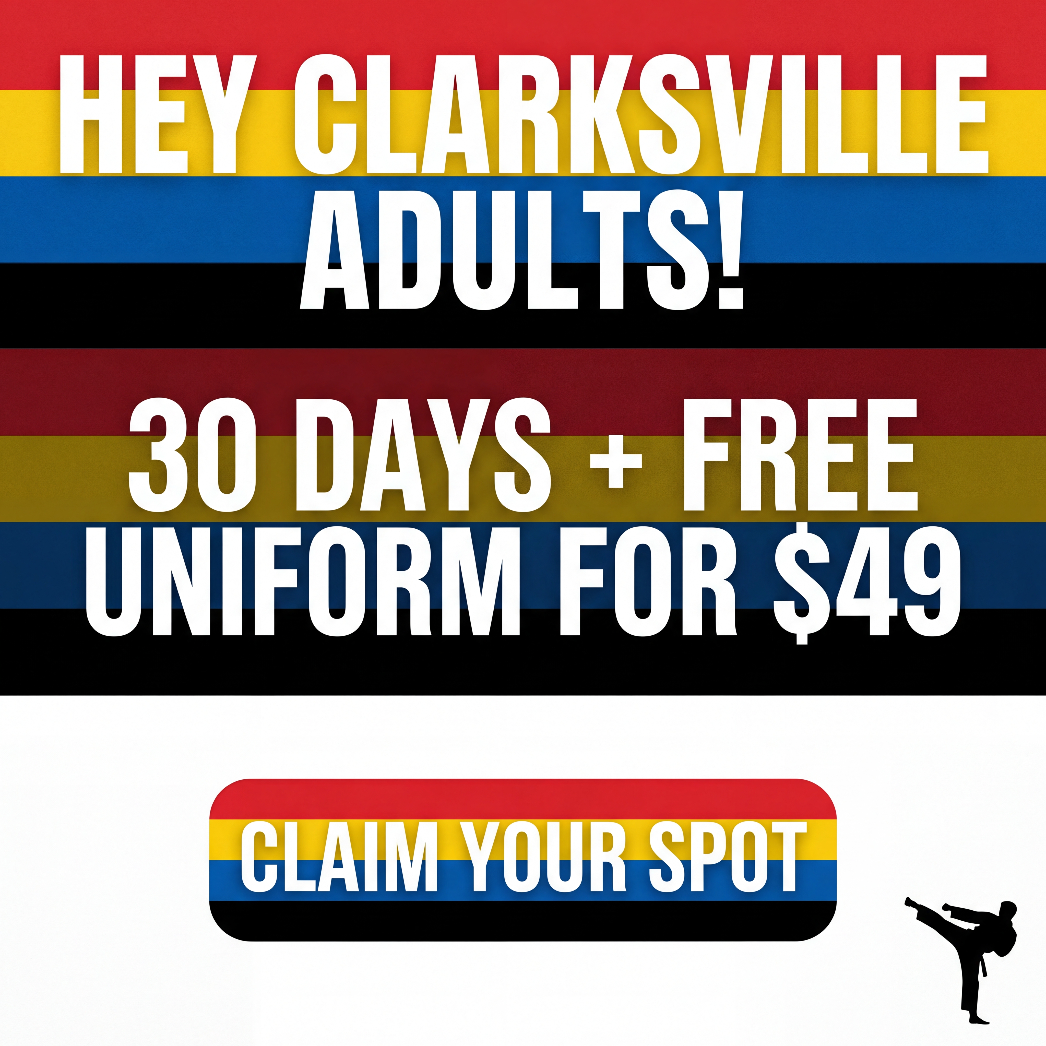 Song's Taekwondo- Clarksville TN Facebook ad: 30 Days + FREE Uniform, Just $49