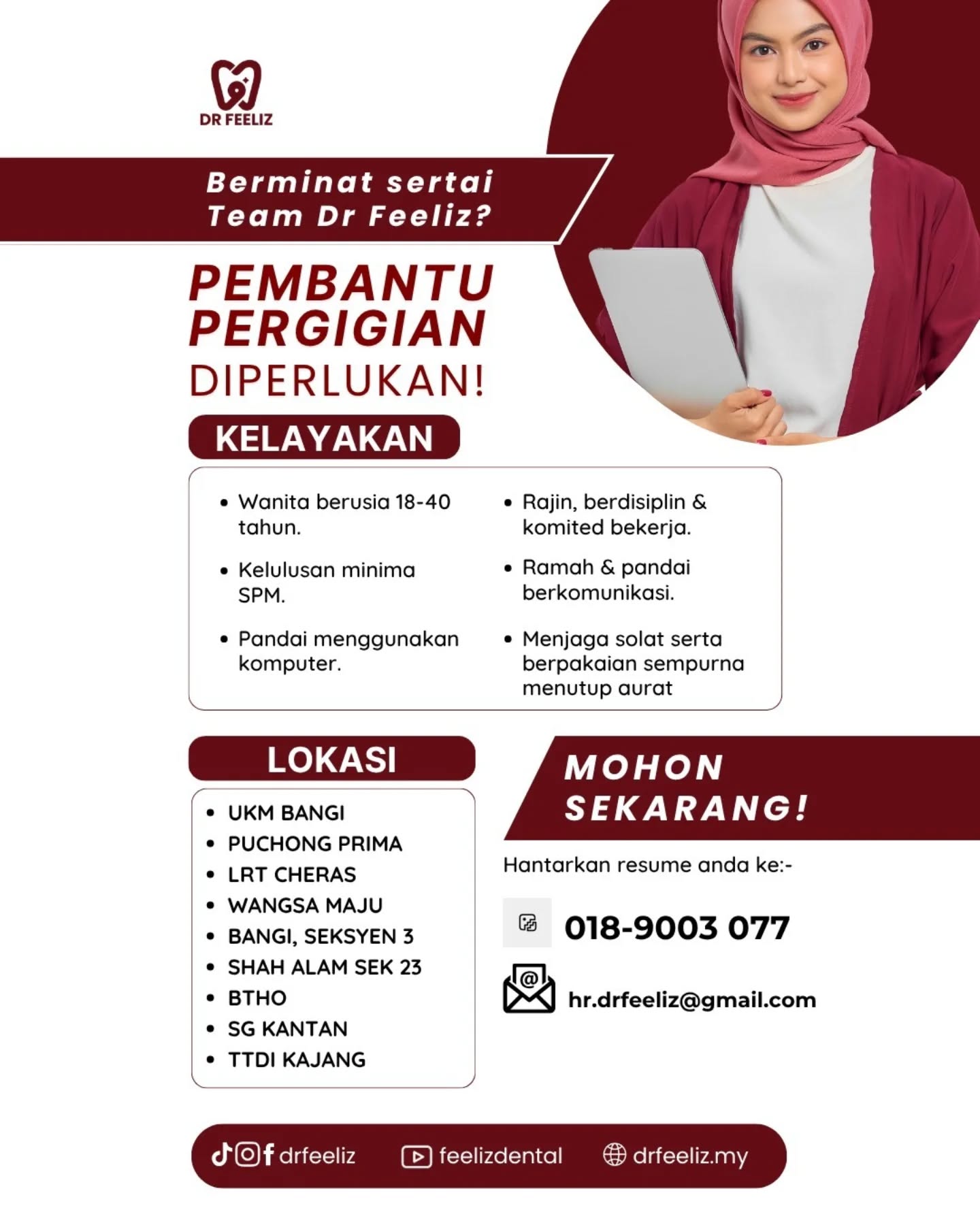 Klinik Pergigian Dr Feeliz Bandar Tun Hussein Onn Facebook ad: Kami sedang mencari Pembantu Pergigian dan Doktor Pergigian…