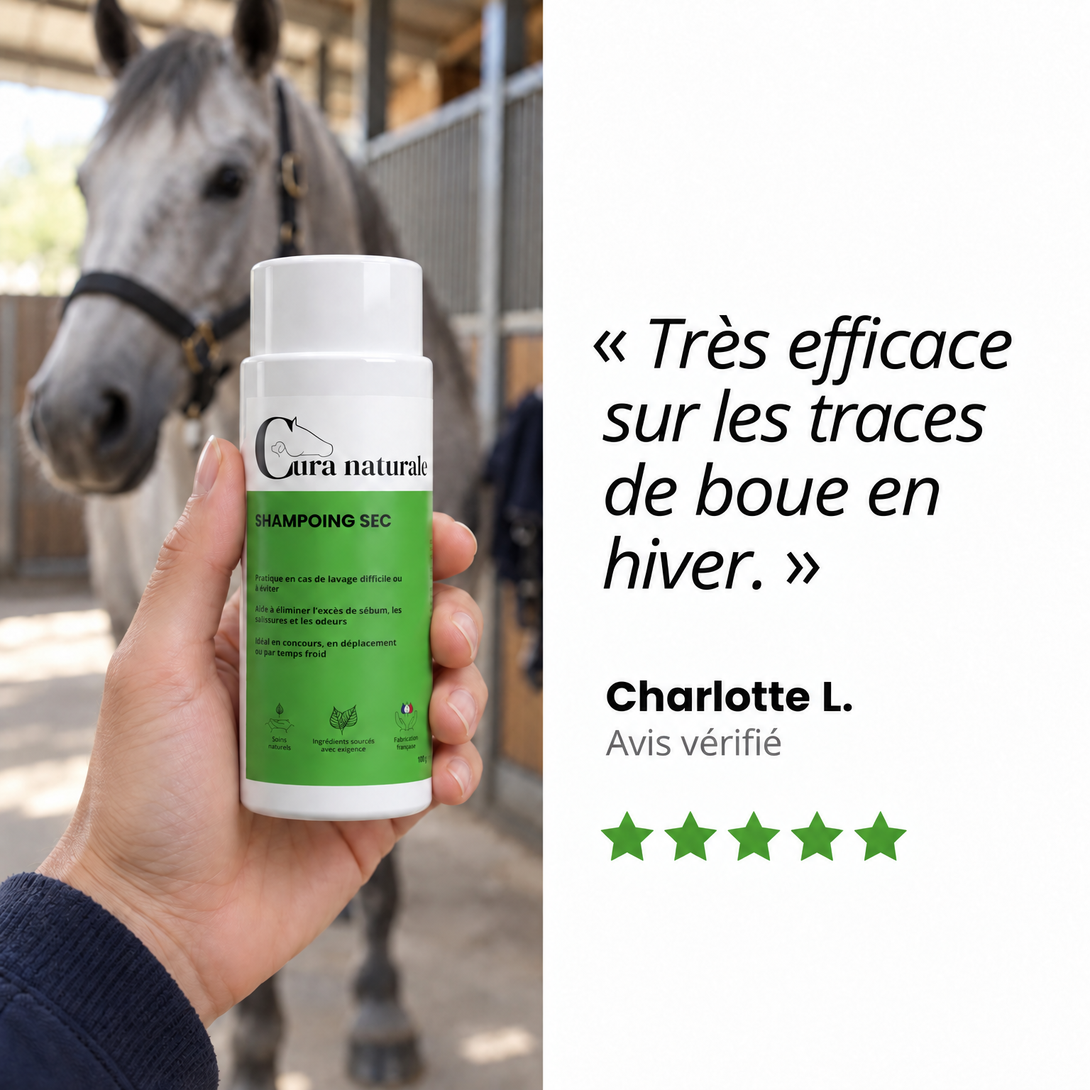 Cura naturale Facebook ad: Shampoing sec pour cheval · Sans eau
