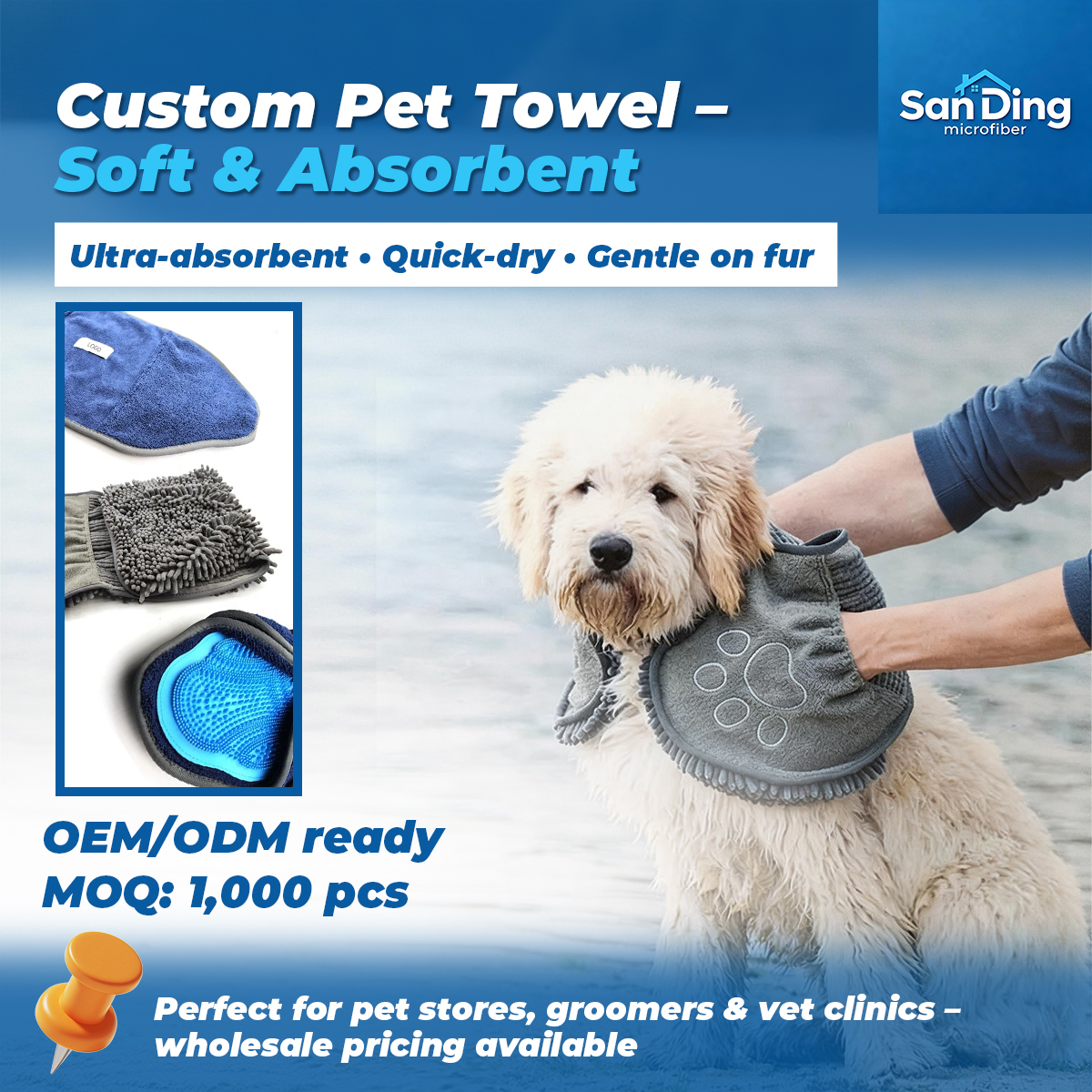 Changshu Sanding Home Textile Facebook ad: Custom Microfiber Pet Towels for Wholesale Buyers