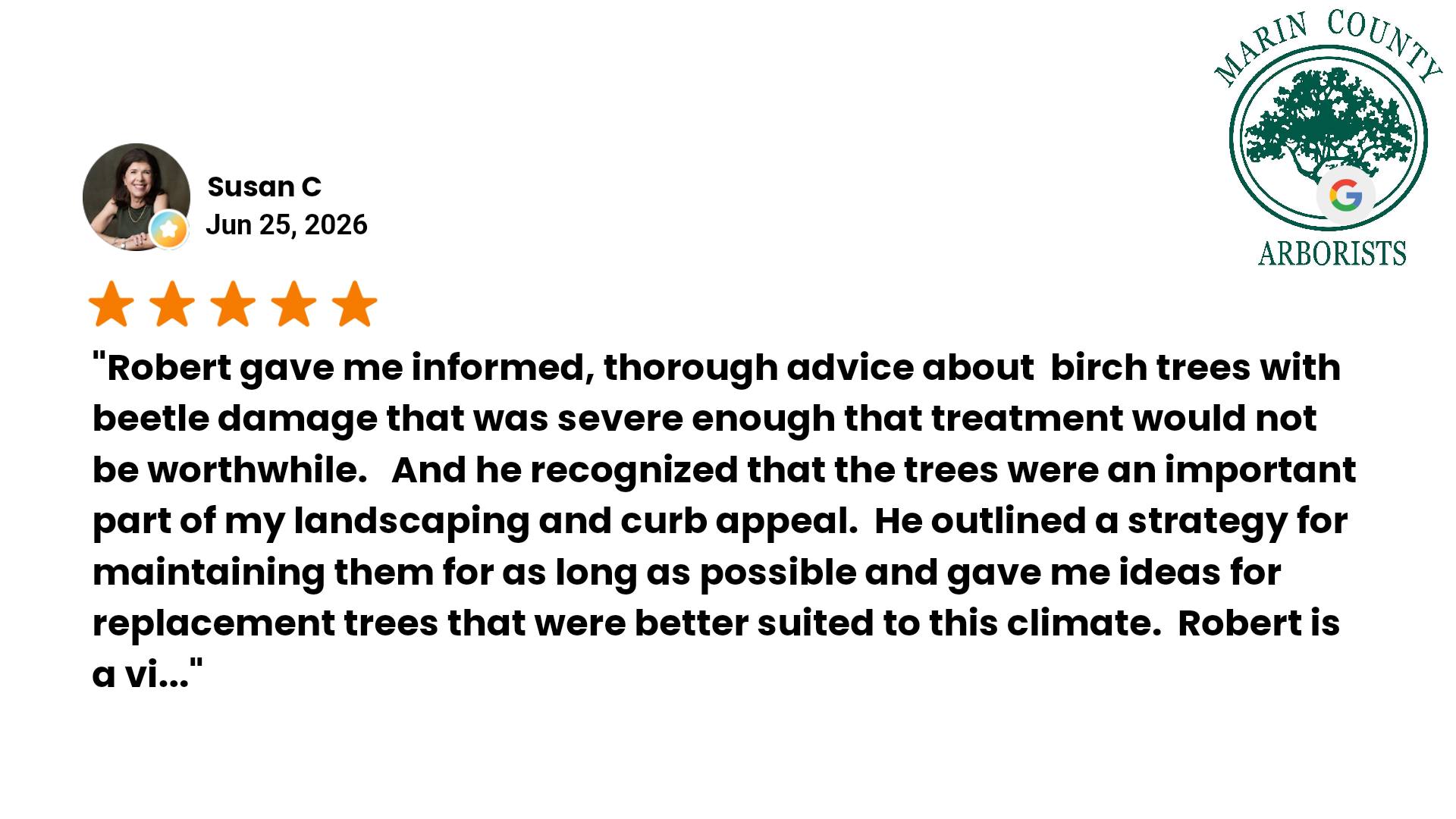 Marin County Arborists Facebook ad: Thank you, Susan C for leaving us a…
