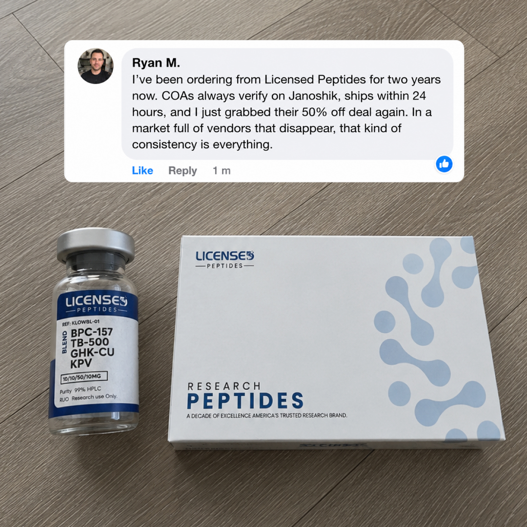 Licensed Peptides Research Facebook ad: EVERY PEPTIDE DISCOUNTED, SALE ENDS SOON