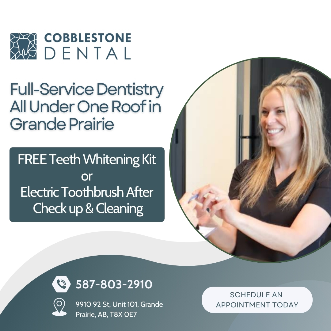 Cobblestone Dental Grande Prairie Facebook ad: FREE Teeth Whitening Kit After Check-up & Cleaning