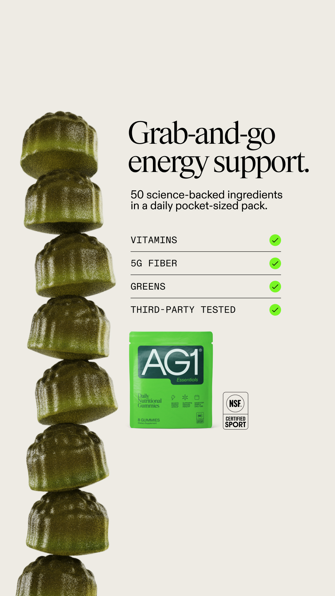 AG1 by Athletic Greens Facebook ad: Pocket-sized. Science-backed.