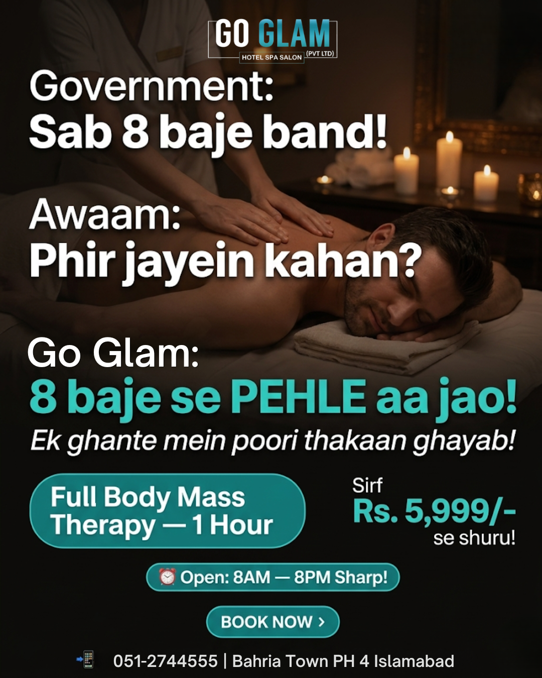 Go Glam Hotel Spa Salon Facebook ad: 1 Hour. Full Body Massage Therapy Rs.5,999 Only!